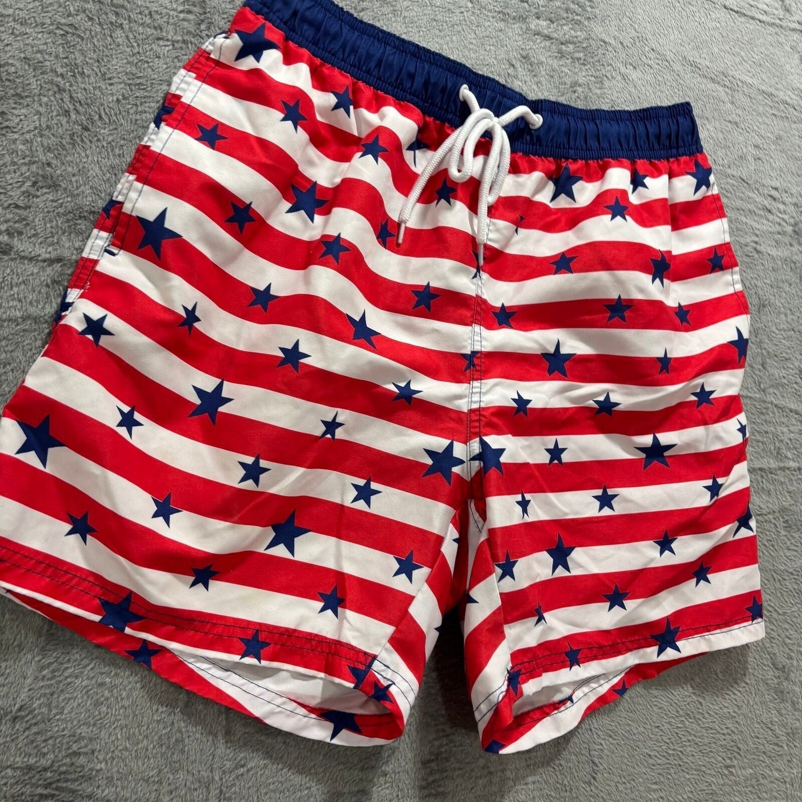 Way to Celebrate! M Red White Blue Stars Stripes Swim Trunks Patriotic Casual