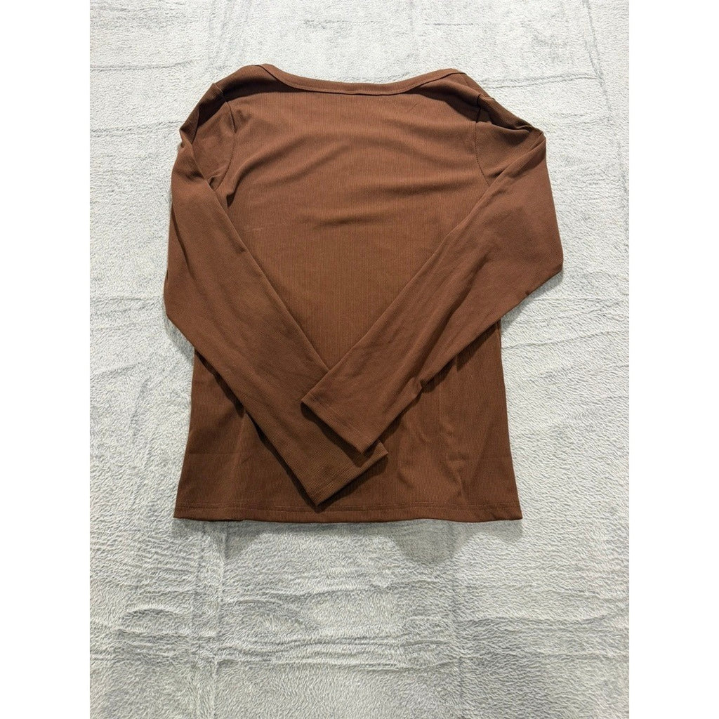 Automet Womens Brown Ribbed Square Neck Long Sleeve Top XL EZau458