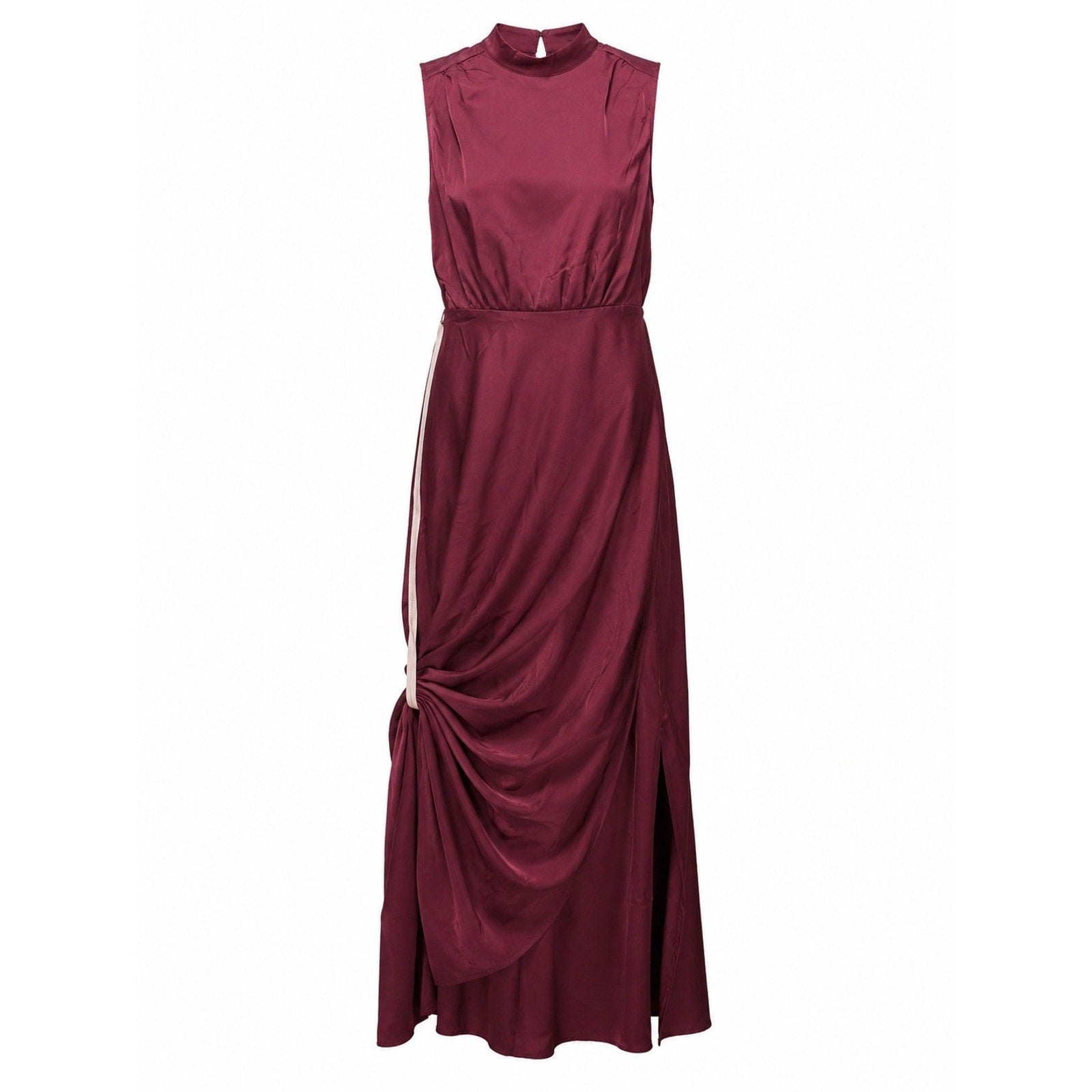 Lulus Burgundy Satin High Neck Draped Maxi Dress Size XL Sleeveless Side Slit