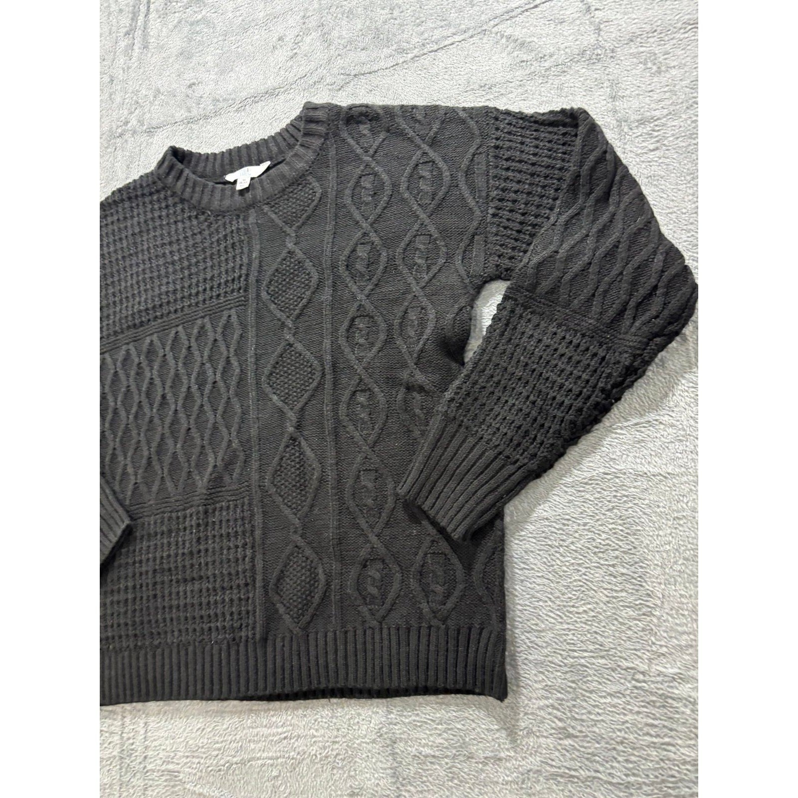 Time and Tru M Black Womens Mixed Cable Knit Sweater Crewneck Cozy Casual Boho