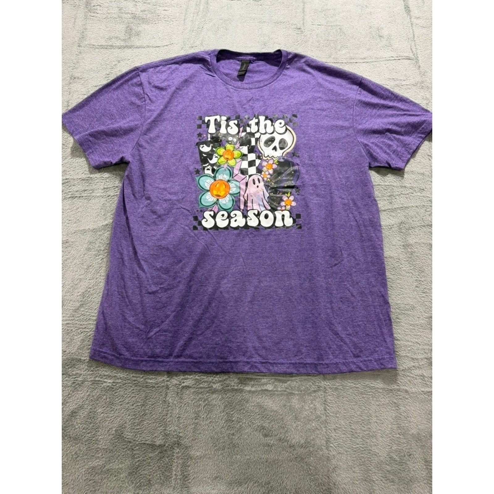 Gildan Softstyle Purple Halloween Tis the Season Graphic T-Shirt XL Womens Skull