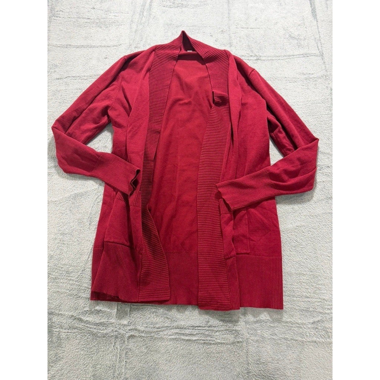 Sueani Womens Red Open Front Cardigan Ribbed Knit Pocket Sweater Large Office