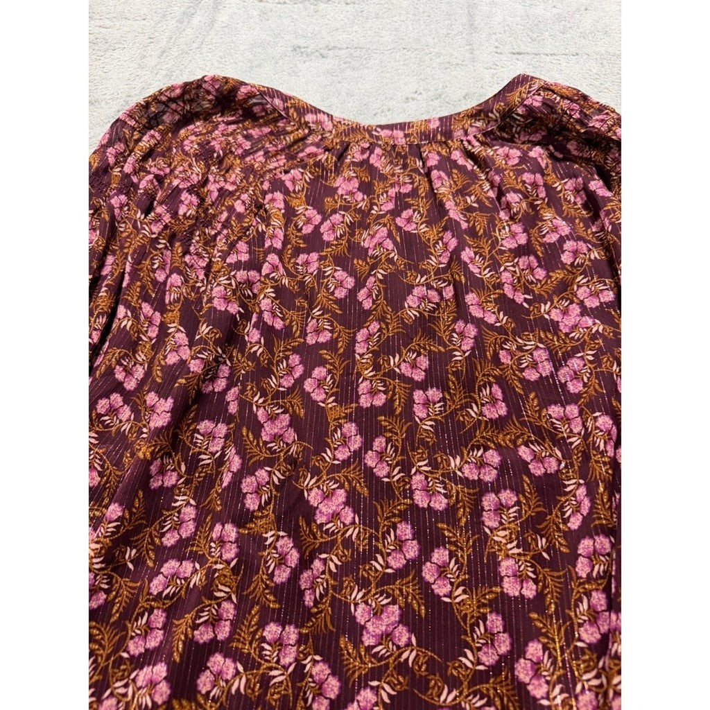 LOFT Womens XL Plum Floral Metallic Stripe Split Neck Balloon Sleeve Blouse