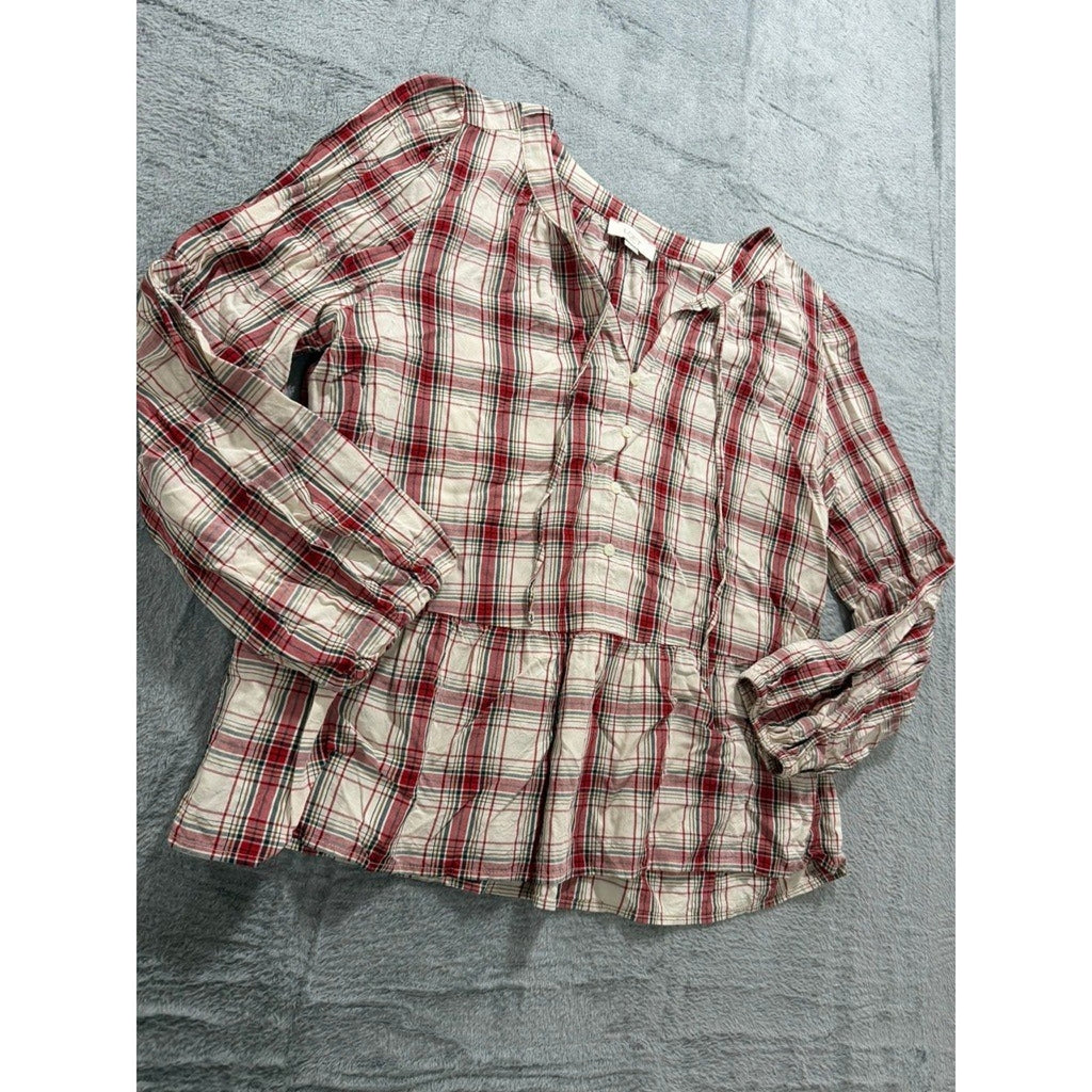 LOFT Outlet Womens Red Plaid Peplum Blouse Long Sleeve Tie Neck Rayon Top Large
