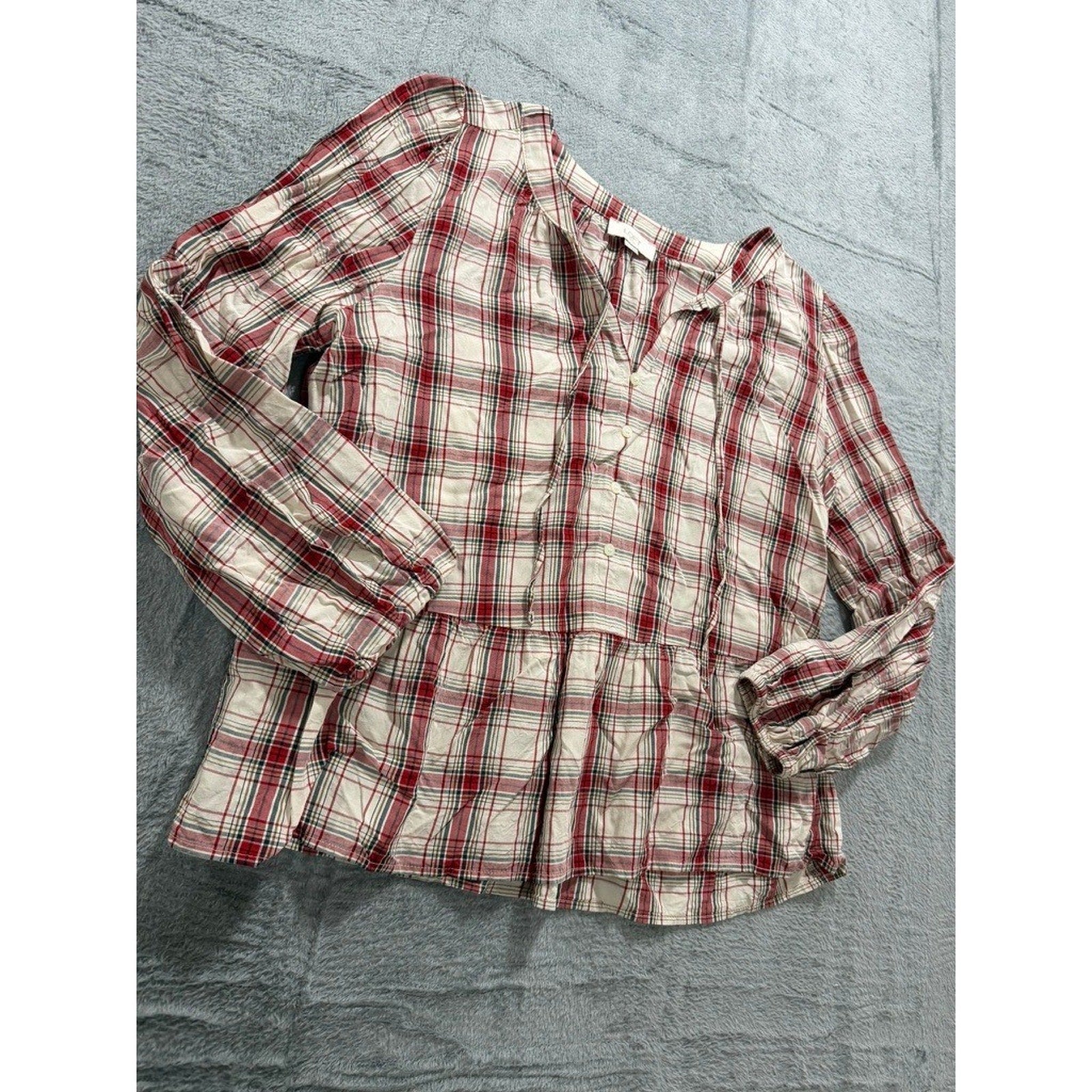LOFT Outlet Womens Red Plaid Peplum Blouse Long Sleeve Tie Neck Rayon Top Large