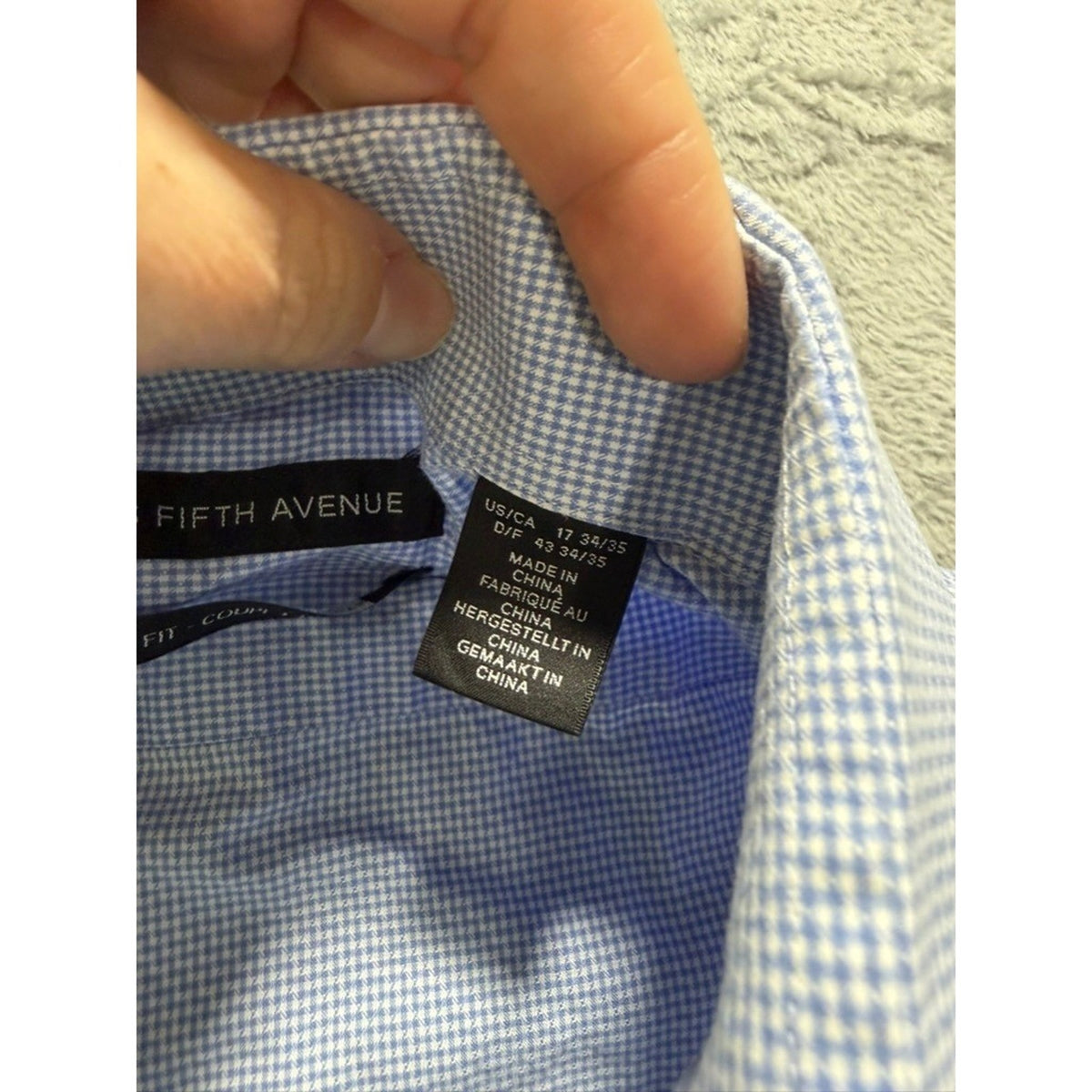 Saks Fifth Avenue Dress Shirt Mens 17 34/35 Blue Check Slim Fit Cotton Button