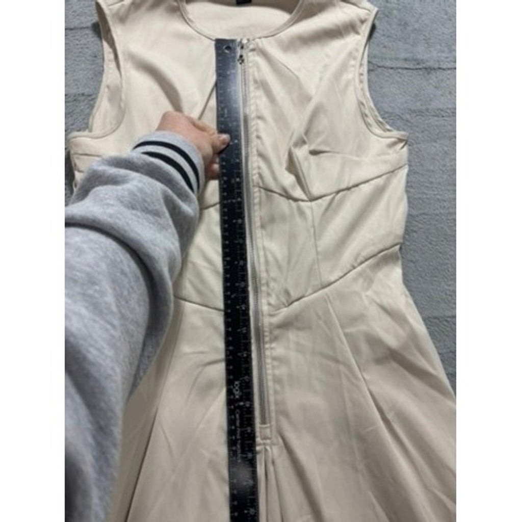 Beige Sleeveless Front Zip Pleated Maxi Dress Corset Bodice Minimalist Neutral