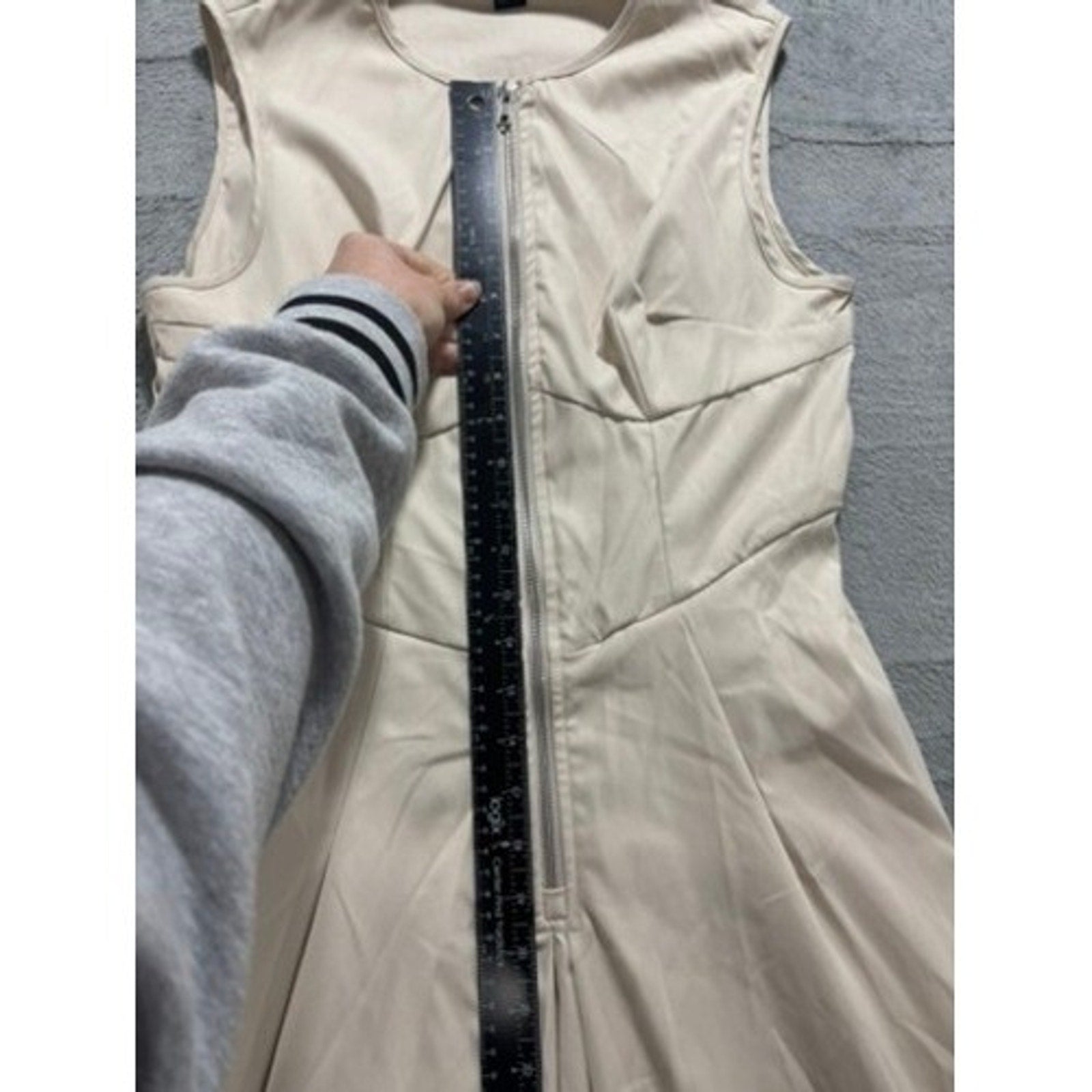 Beige Sleeveless Front Zip Pleated Maxi Dress Corset Bodice Minimalist Neutral