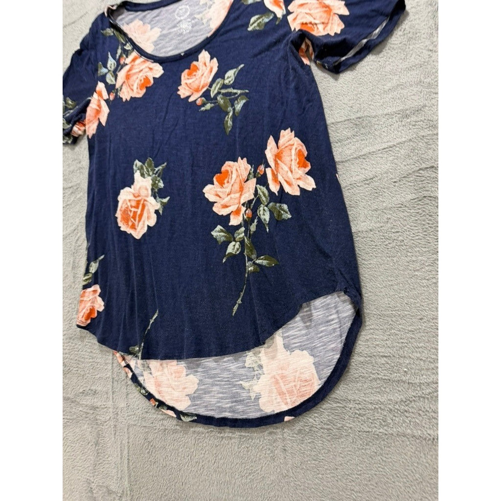Maurices 24/7 Navy Peach Rose Floral High-Low T-Shirt Womens Large Boho Scoop