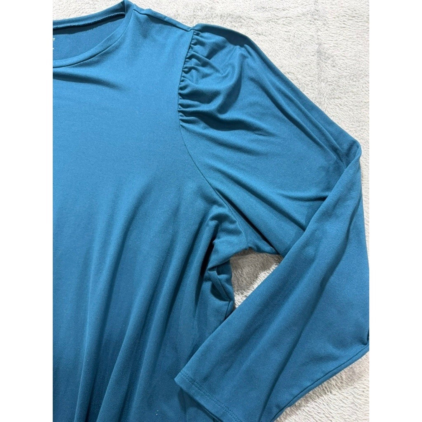 Lane Bryant Teal Blue Puff Shoulder Long Sleeve Top Plus Size 26/28 Round Neck