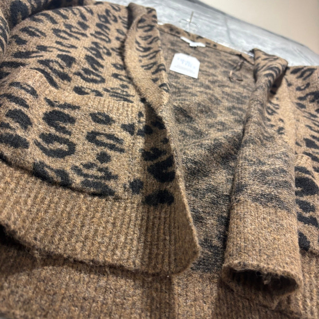 Time and Tru Womens XL Brown Leopard Fuzzy Knit Cardigan Sweater Boho Animal