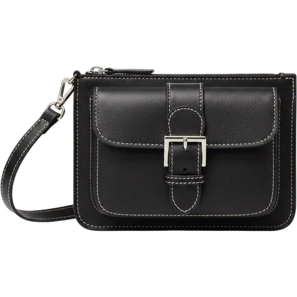 Black Leather Wristlet Clutch Mini Y2K Buckle Zip Pocket Shoulder Bag