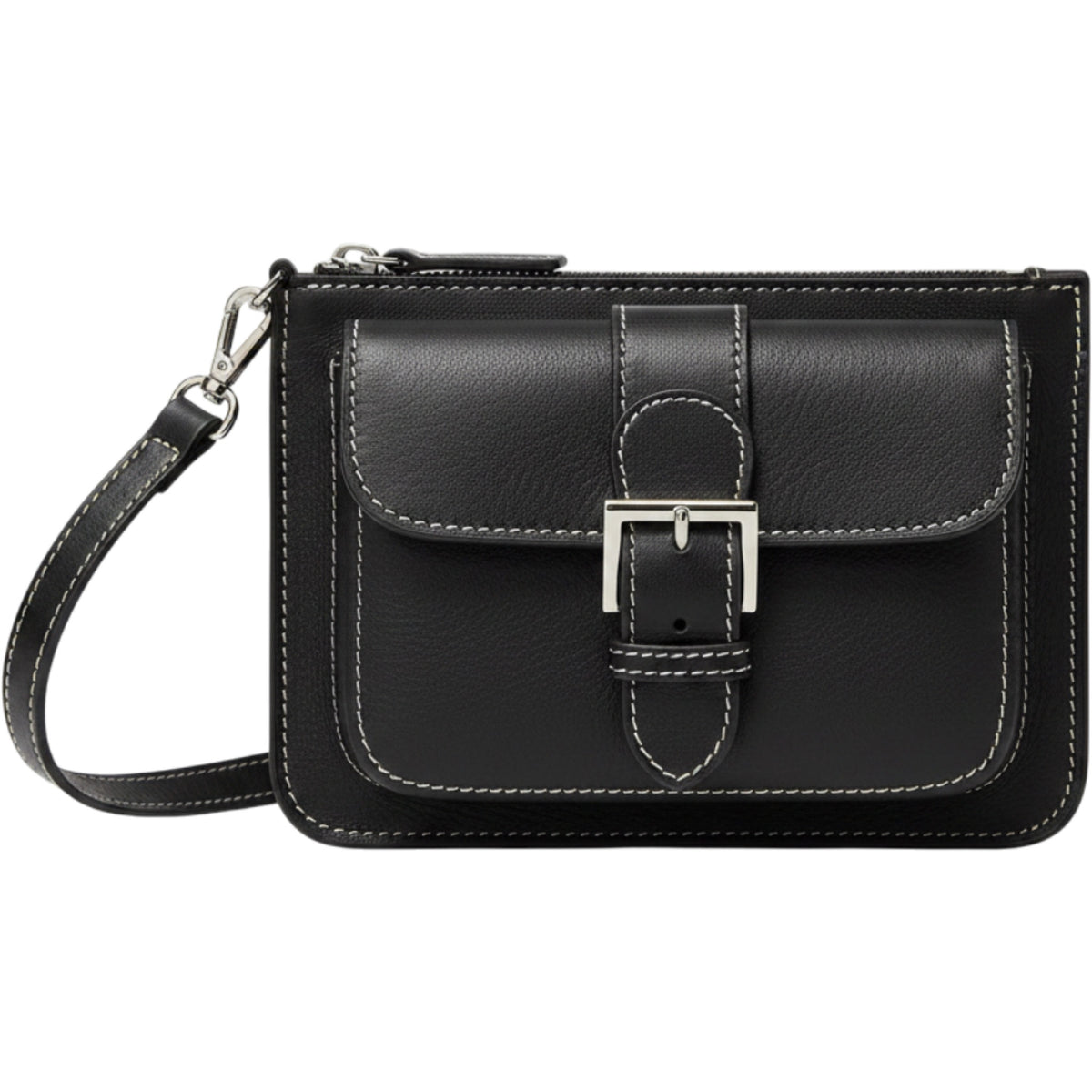 Black Leather Wristlet Clutch Mini Y2K Buckle Zip Pocket Shoulder Bag