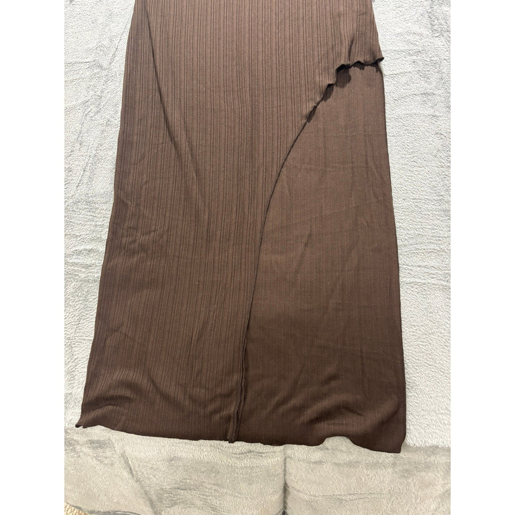 H&M Ribbed Long Sleeve Maxi Dress Chocolate Brown Asymmetrical Layered NWT