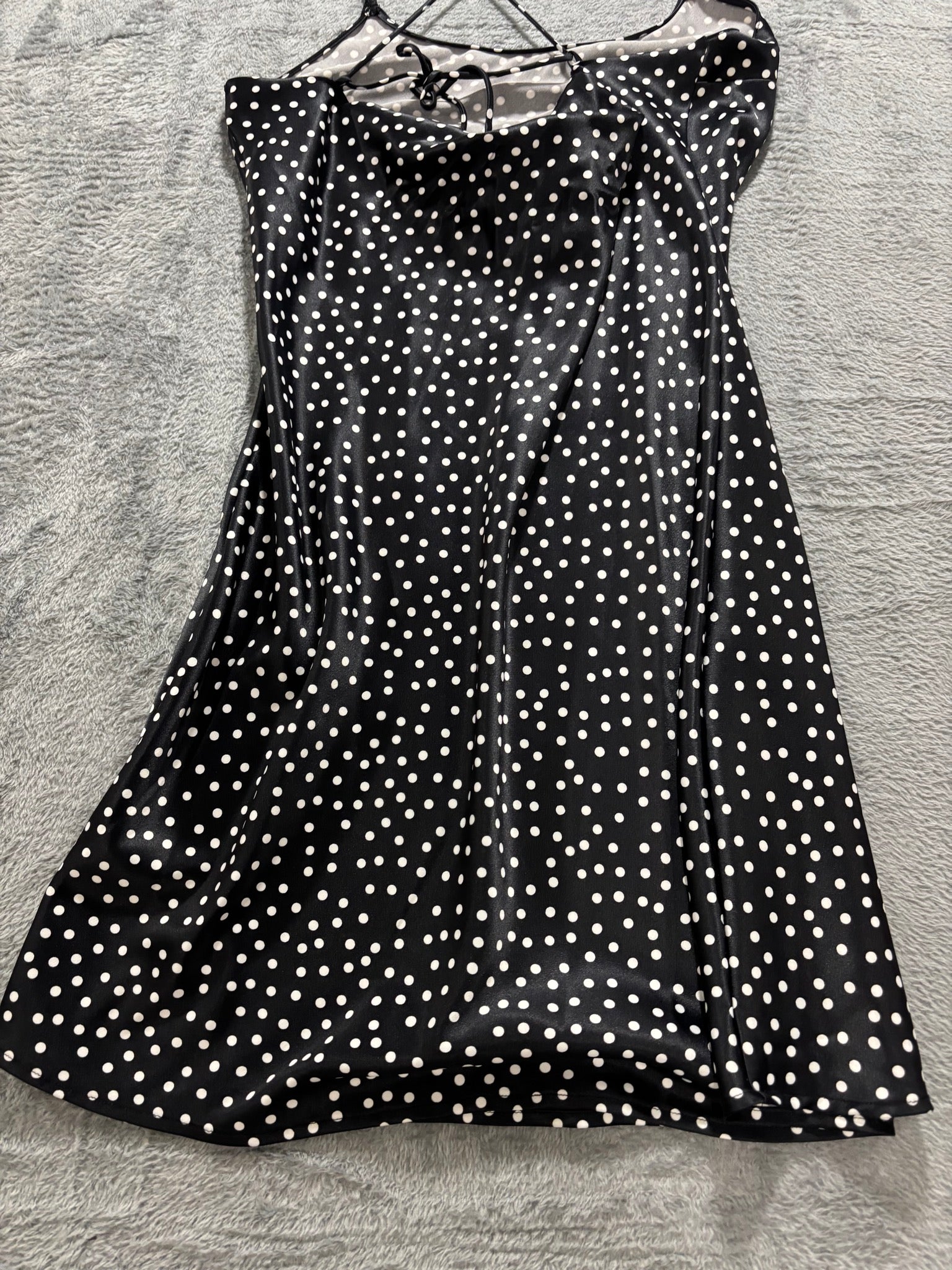 Victoria's Secret XS Black Polka Dot Satin Slip Mini Dress Cowl-Neck Cami