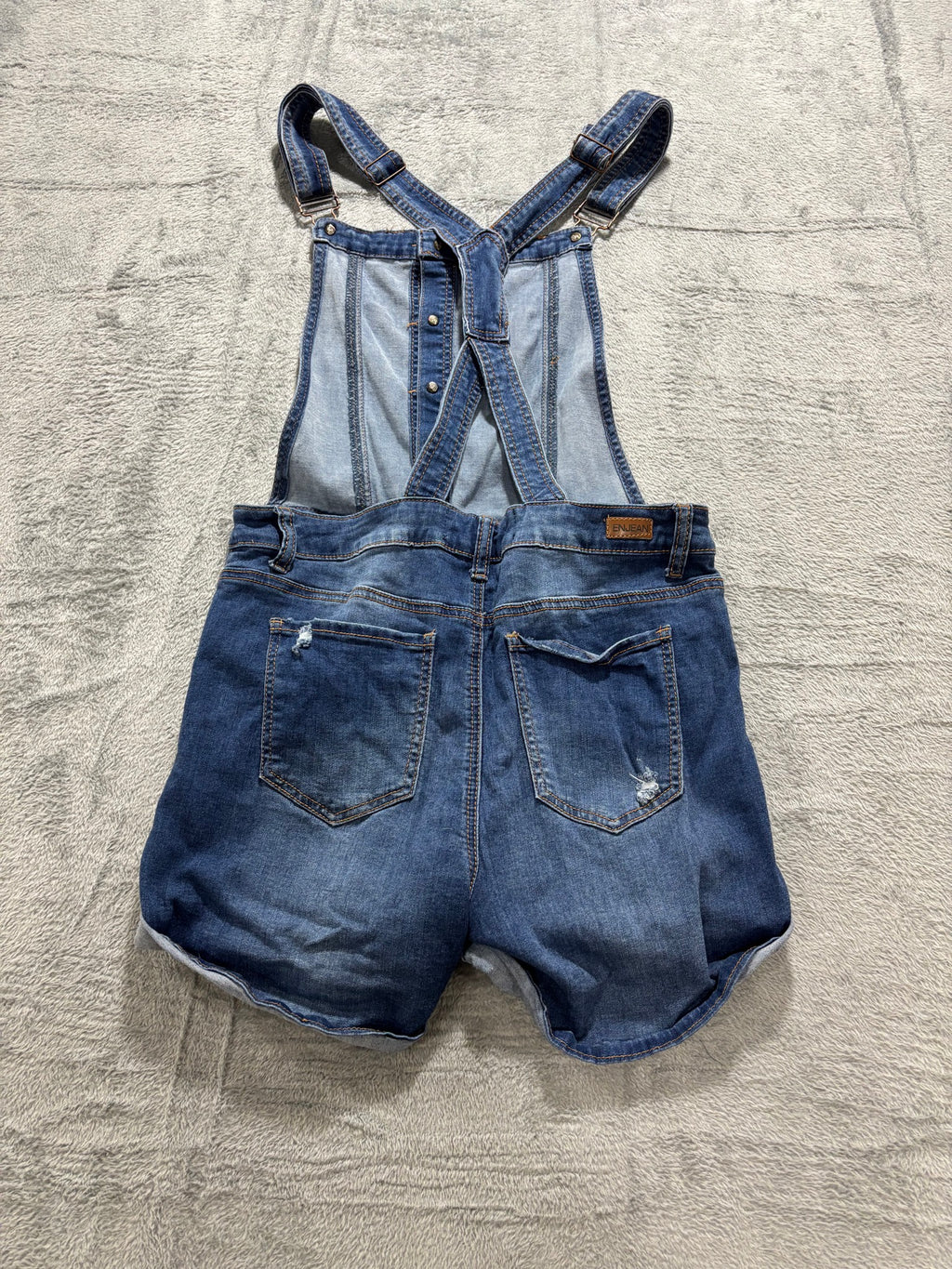 EnJean L Medium Wash Distressed Denim Overall Shorts Shortalls Cuffed Bib
