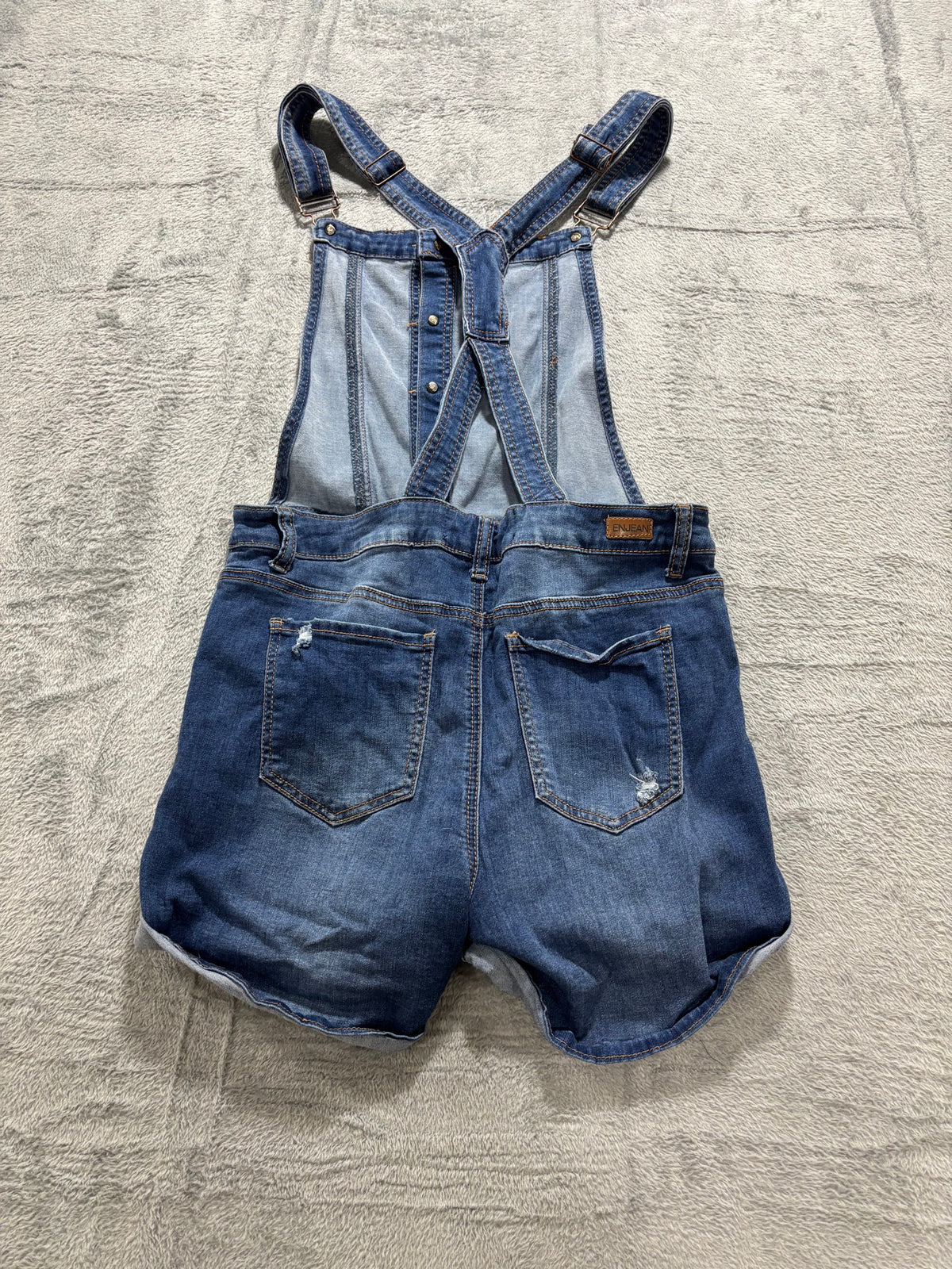 EnJean L Medium Wash Distressed Denim Overall Shorts Shortalls Cuffed Bib