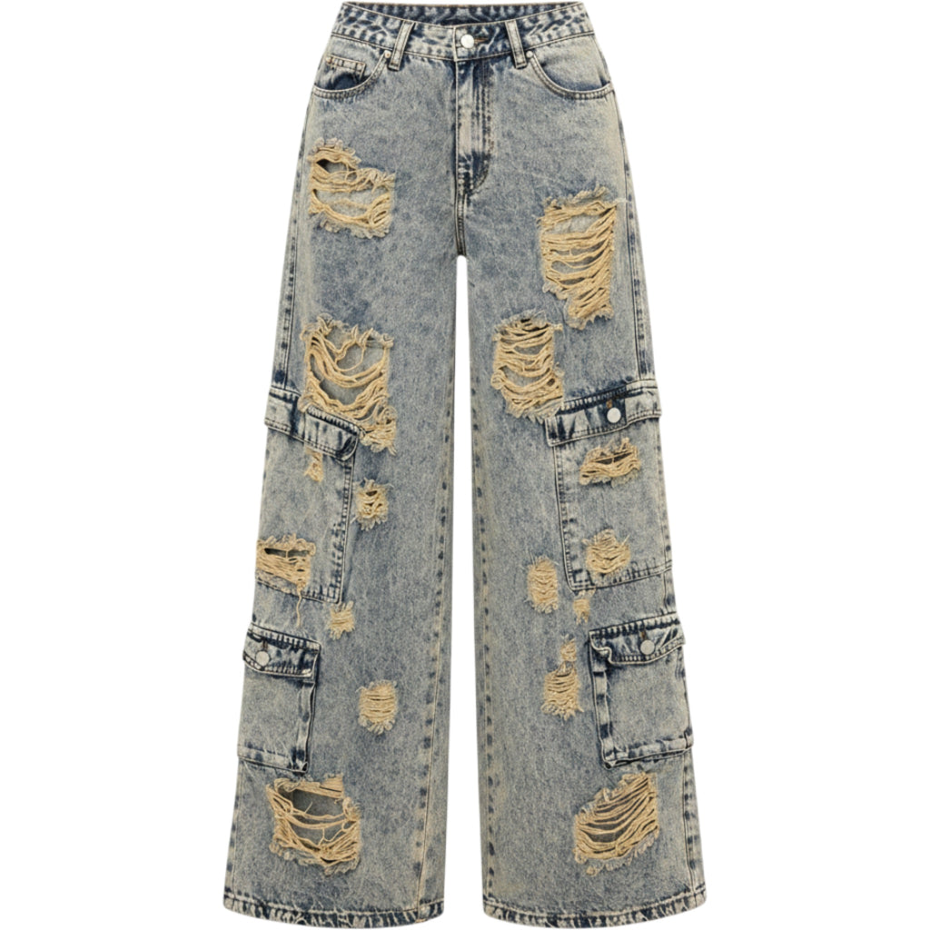 Fashion Nova High Waisted Distressed Wide Leg Cargo Jeans Light Acid Wash 28
