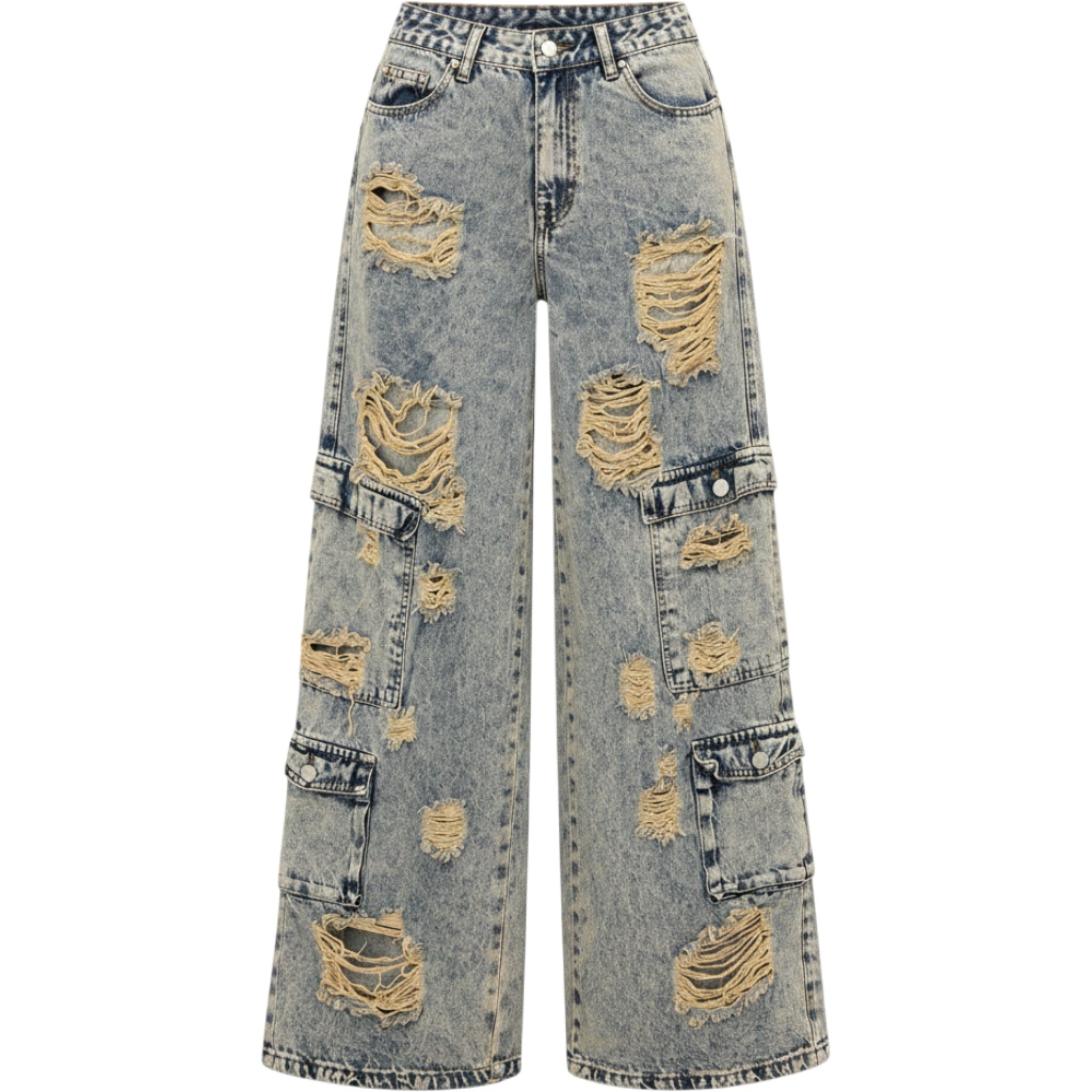 Fashion Nova High Waisted Distressed Wide Leg Cargo Jeans Light Acid Wash 28
