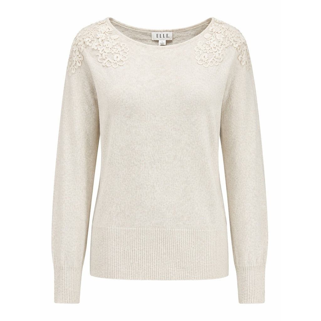 ELLE Sweater Womens Small Cream Lace Shoulder Knit Lightweight Classic