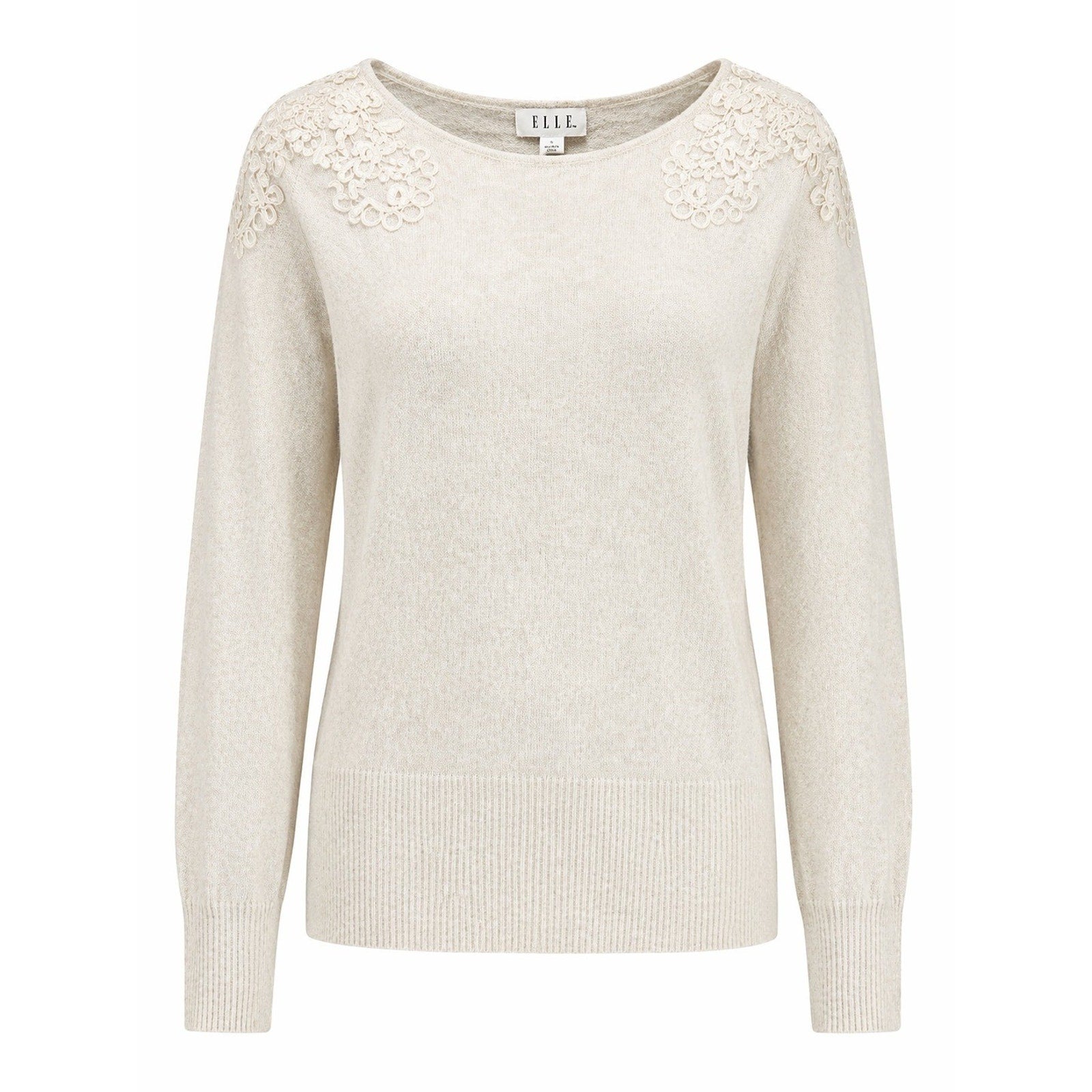 ELLE Sweater Womens Small Cream Lace Shoulder Knit Lightweight Classic