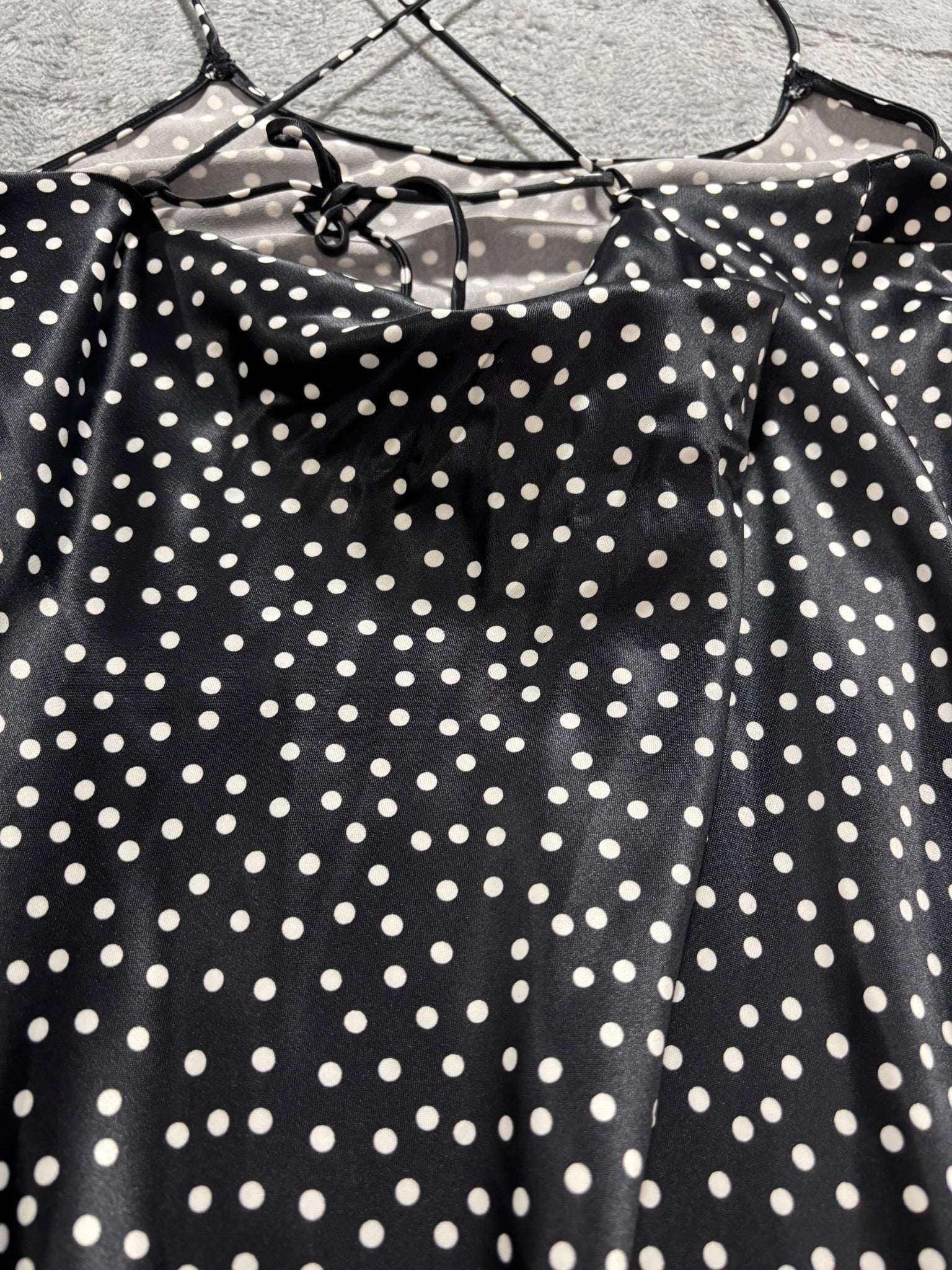 Victoria's Secret XS Black Polka Dot Satin Slip Mini Dress Cowl-Neck Cami