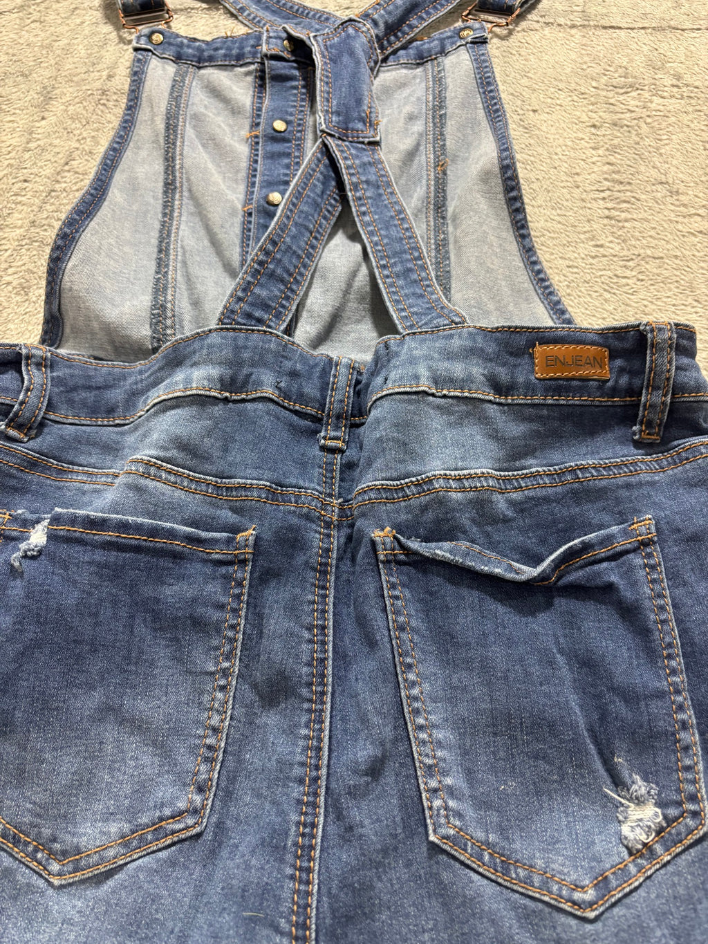 EnJean L Medium Wash Distressed Denim Overall Shorts Shortalls Cuffed Bib