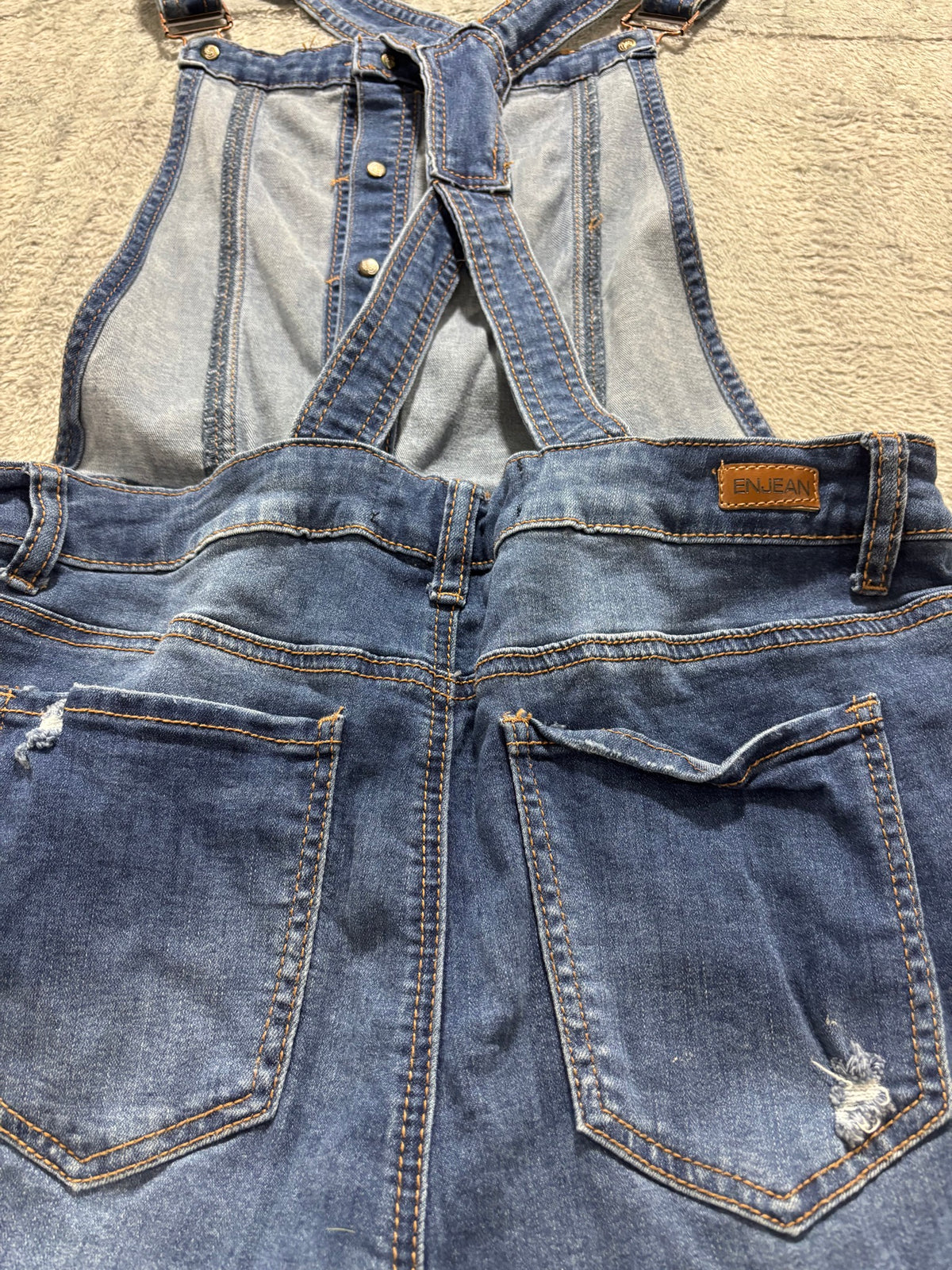 EnJean L Medium Wash Distressed Denim Overall Shorts Shortalls Cuffed Bib