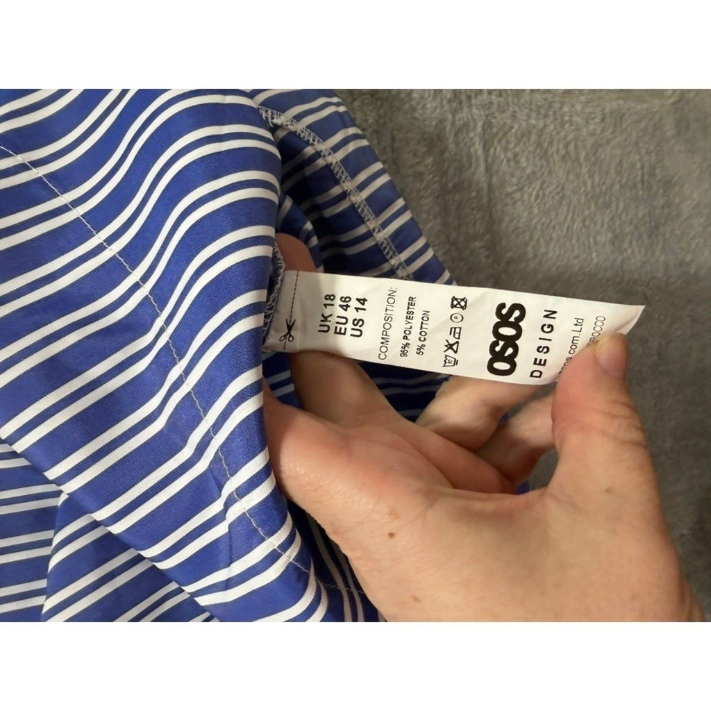 ASOS Design Button Up Shirt Womens US 14 Blue White Striped Pocket Blouse
