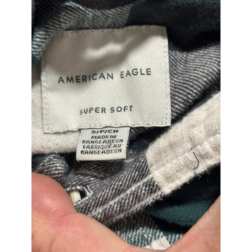 American Eagle S Green Plaid Hooded Flannel Shirt Womens Casual Vintage Style