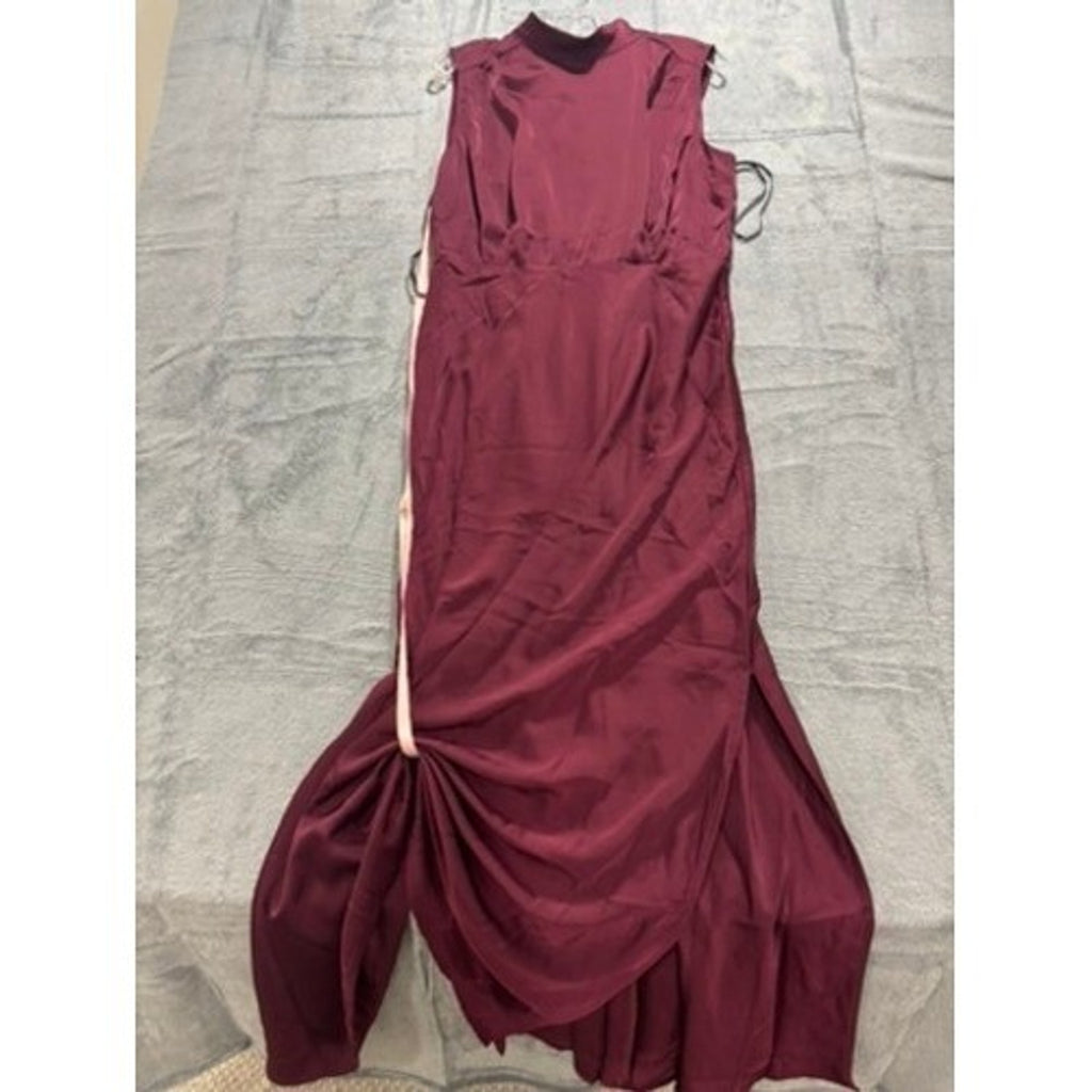 Lulus Burgundy Satin High Neck Draped Maxi Dress Size XL Sleeveless Side Slit