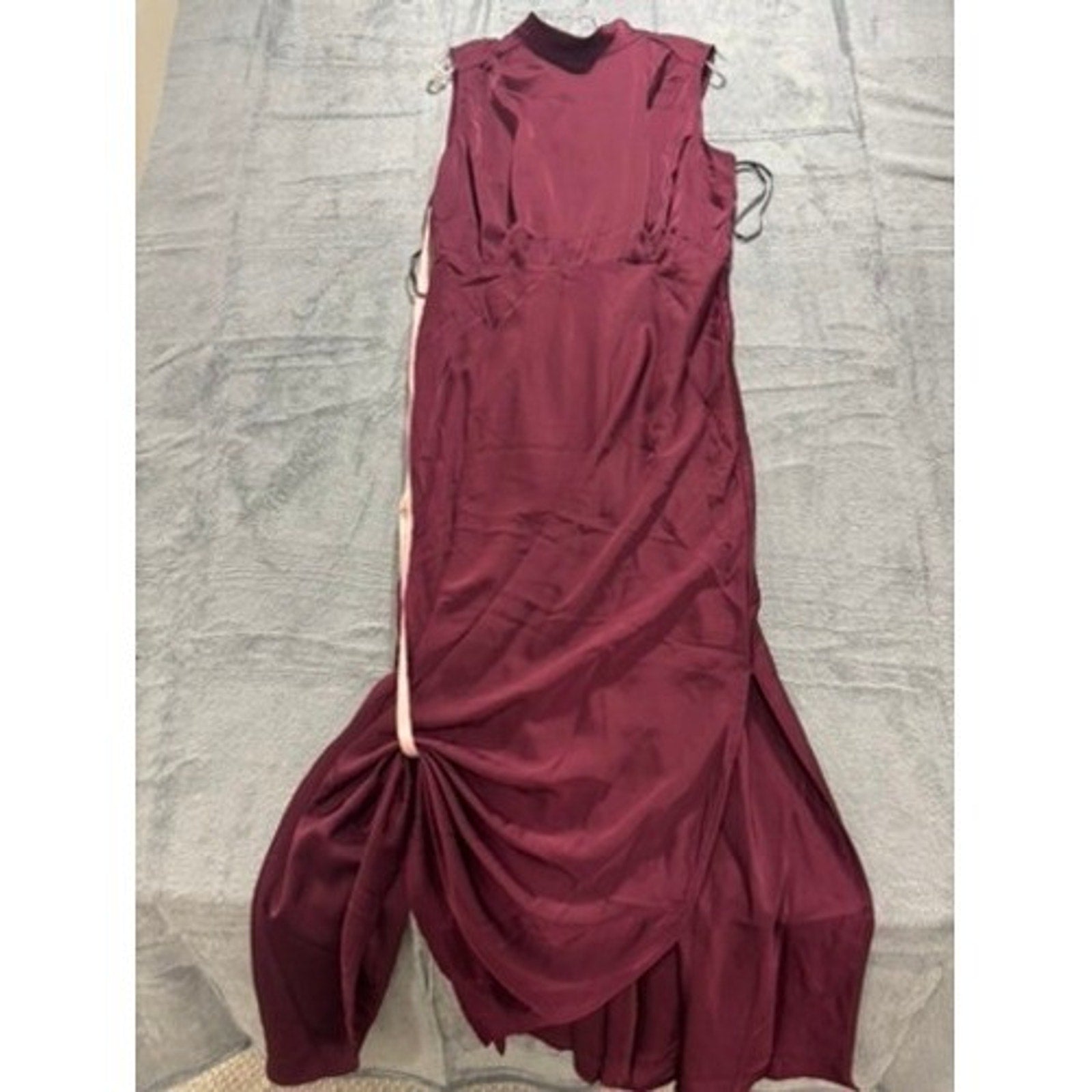 Lulus Burgundy Satin High Neck Draped Maxi Dress Size XL Sleeveless Side Slit