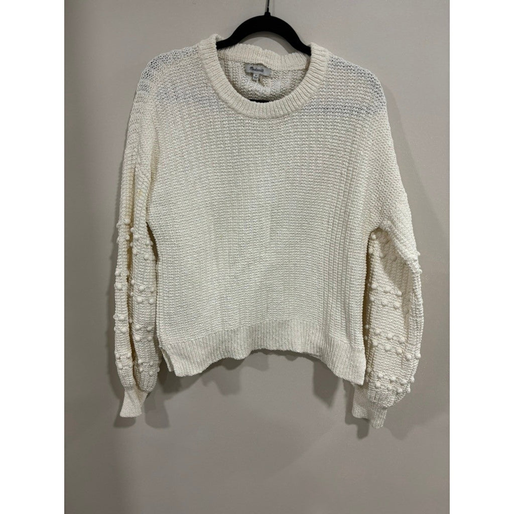 Madewell Chunky Knit Bobble Sleeve Cropped Sweater Neutral Cozy M Minimal Cream