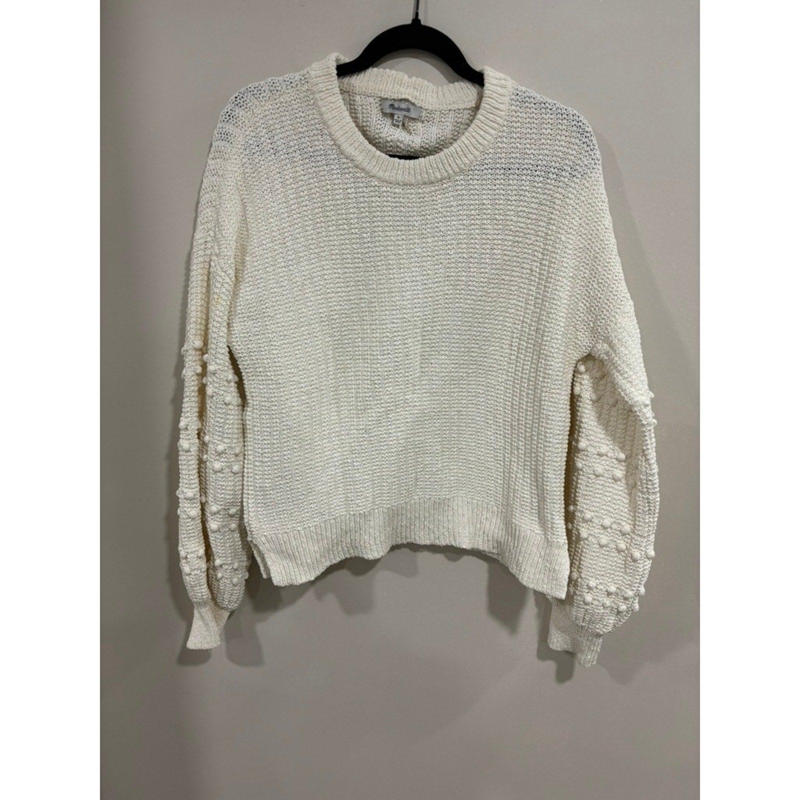 Madewell Chunky Knit Bobble Sleeve Cropped Sweater Neutral Cozy M Minimal Cream
