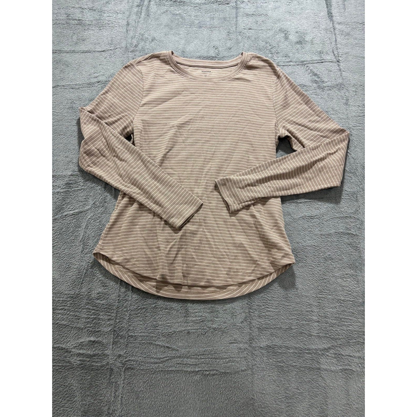 Sonoma Womens M Tan Striped Long Sleeve T-Shirt Casual Cottagecore