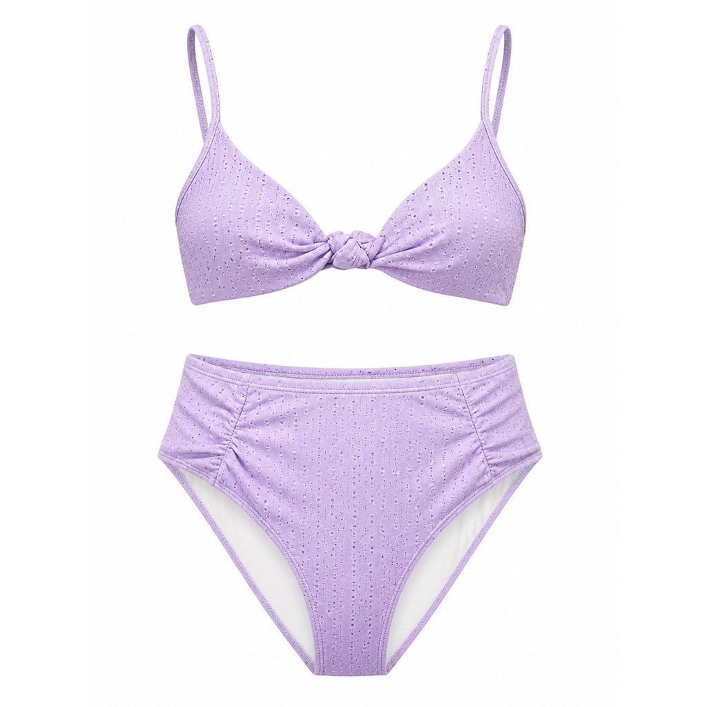 Lavender Eyelet Knot Front High Waisted Bikini Set Purple 1XL Plus Size Swimwear