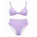 Lavender Eyelet Knot Front High Waisted Bikini Set Purple 1XL Plus Size Swimwear