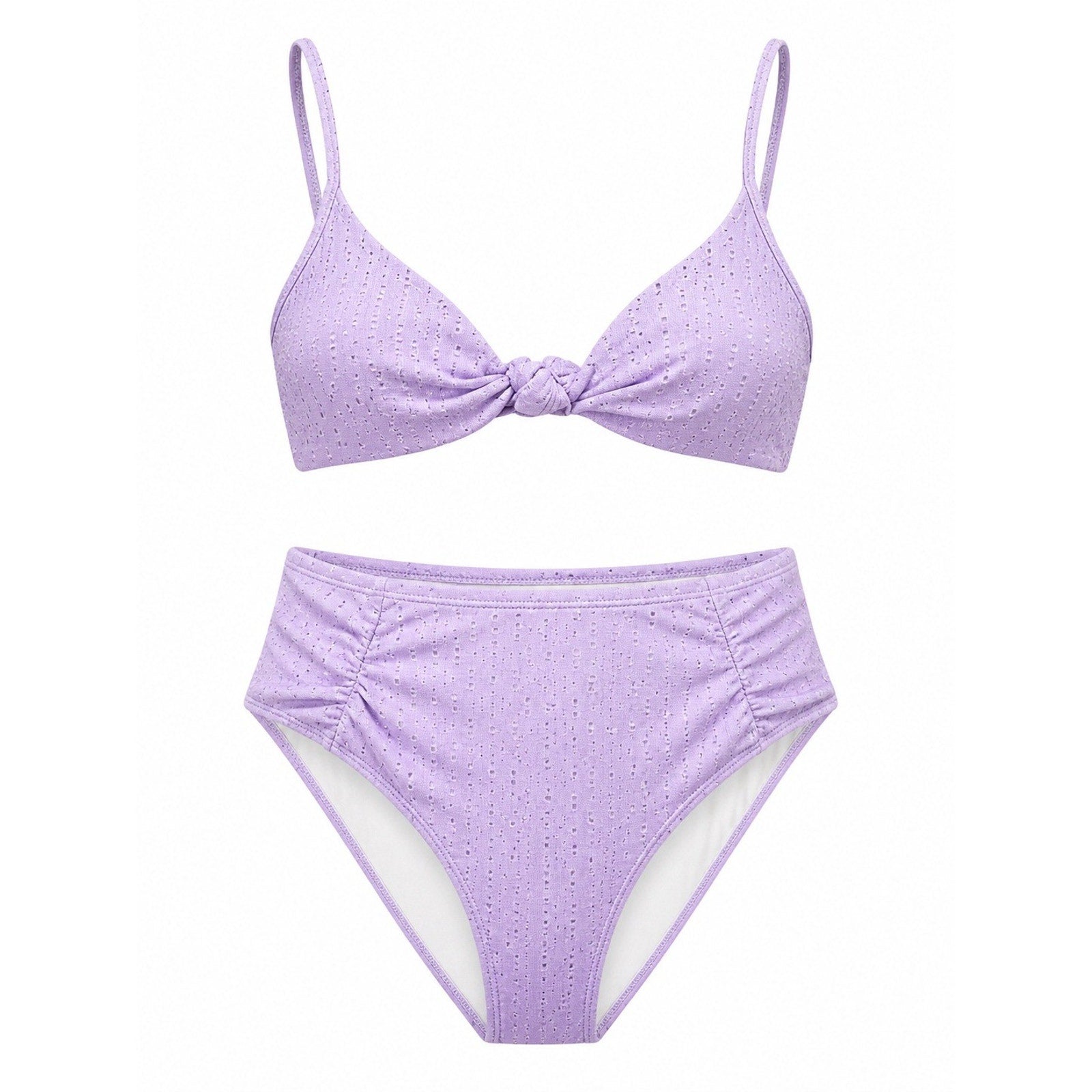 Lavender Eyelet Knot Front High Waisted Bikini Set Purple 1XL Plus Size Swimwear