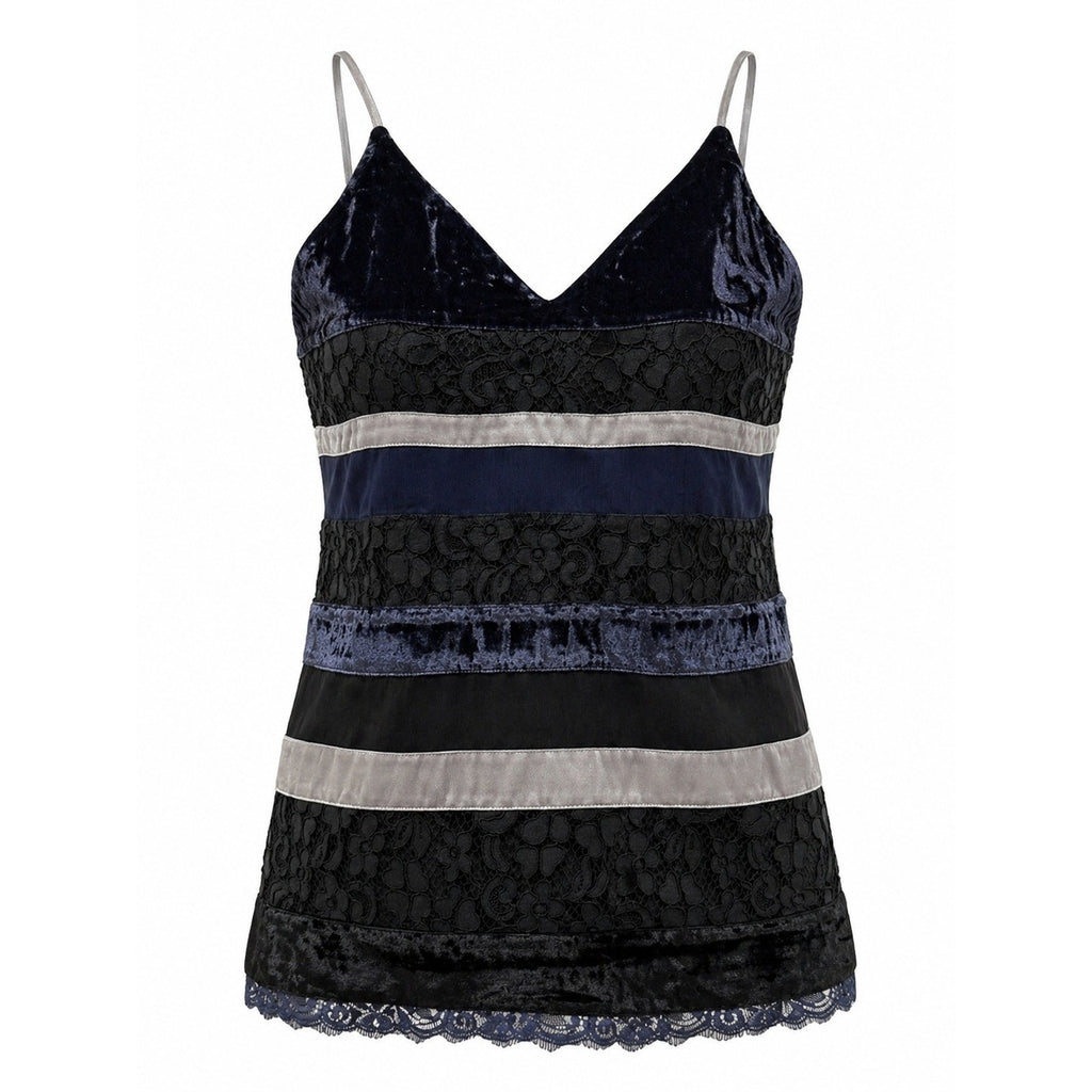 LOFT Womens Velvet Lace Striped Camisole Top Navy Black Silver XS V-Neck Strap