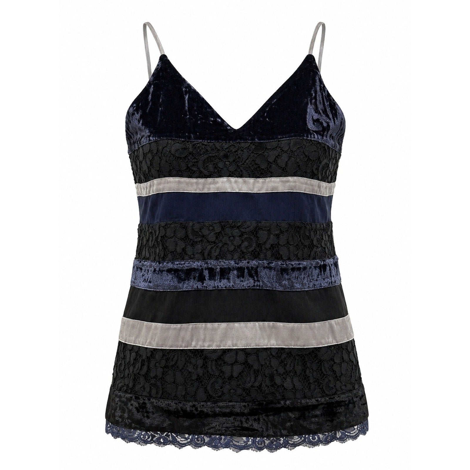 LOFT Womens Velvet Lace Striped Camisole Top Navy Black Silver XS V-Neck Strap
