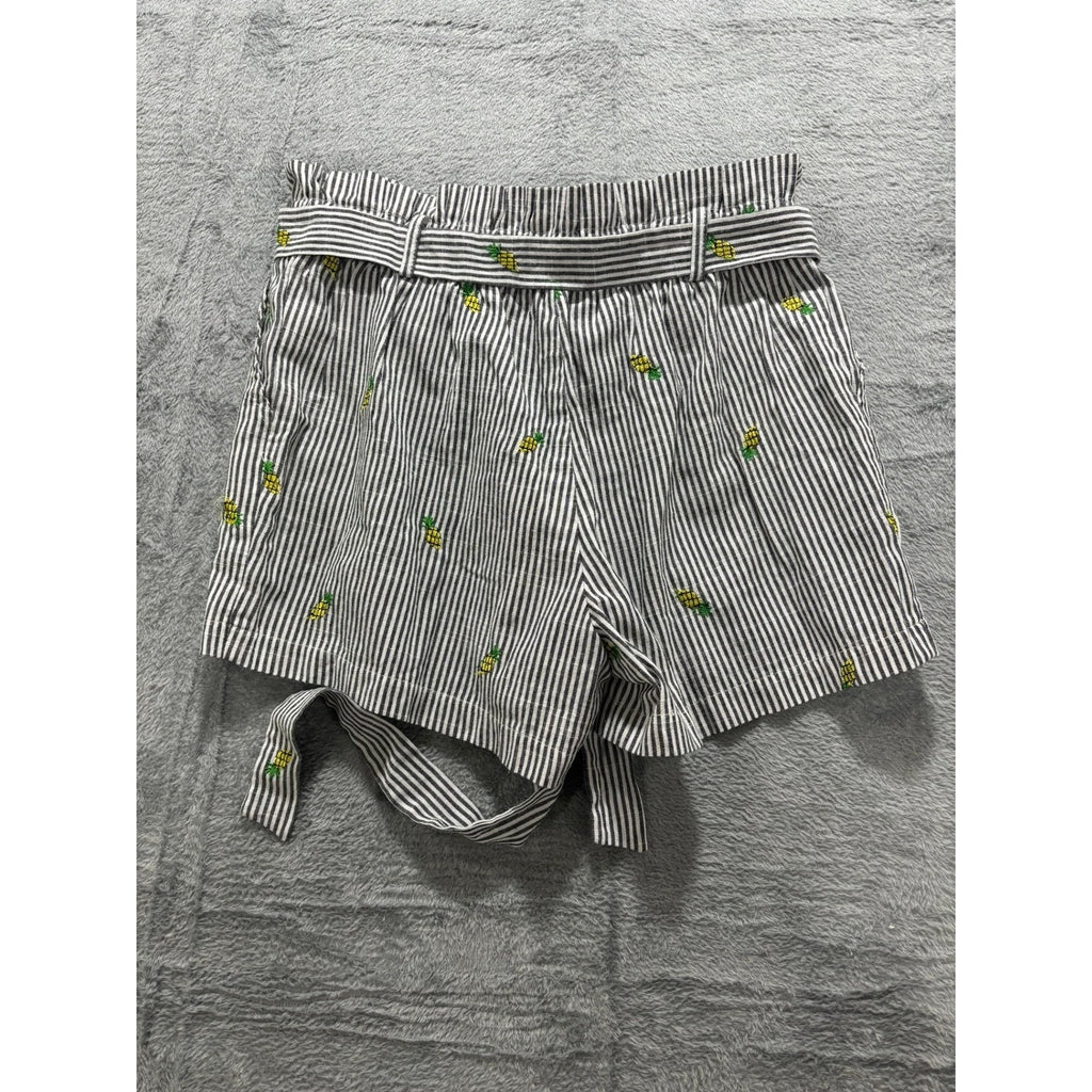 Potter's Pot Shorts Women M Stripe Pineapple Embroidered Tie Waist Summer