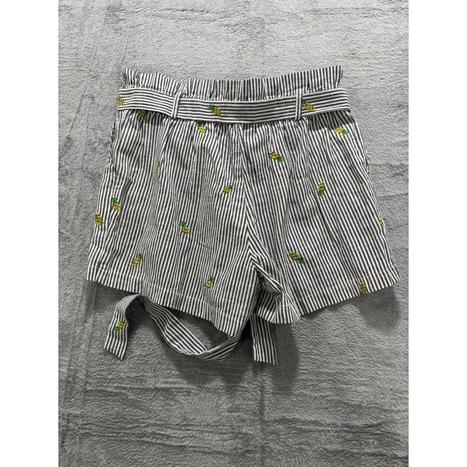 Potter's Pot Shorts Women M Stripe Pineapple Embroidered Tie Waist Summer