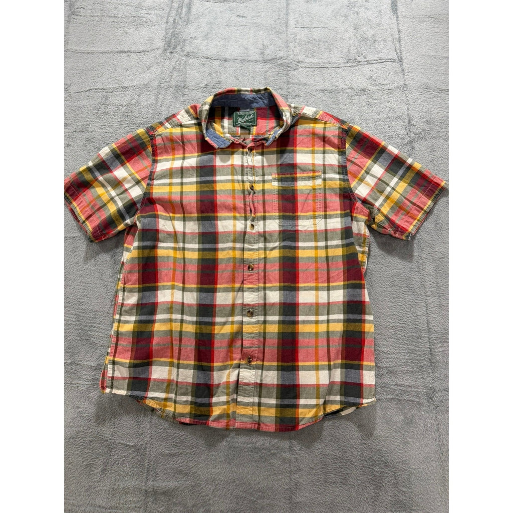 Woolrich Mens XL Short Sleeve Plaid Button Down Shirt Organic Cotton Modern Fit