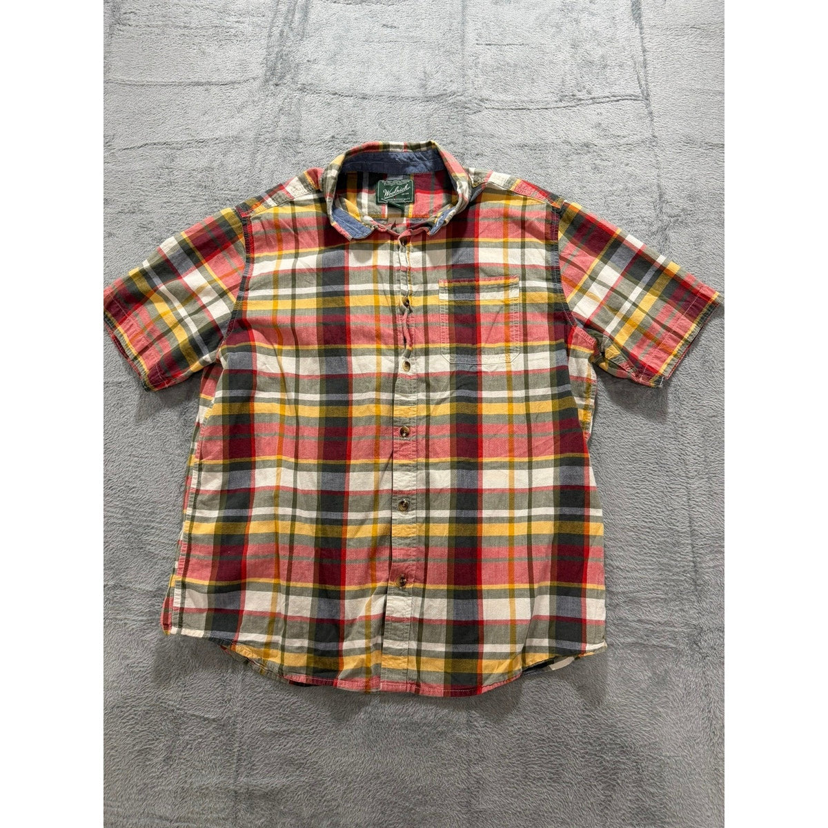 Woolrich Mens XL Short Sleeve Plaid Button Down Shirt Organic Cotton Modern Fit
