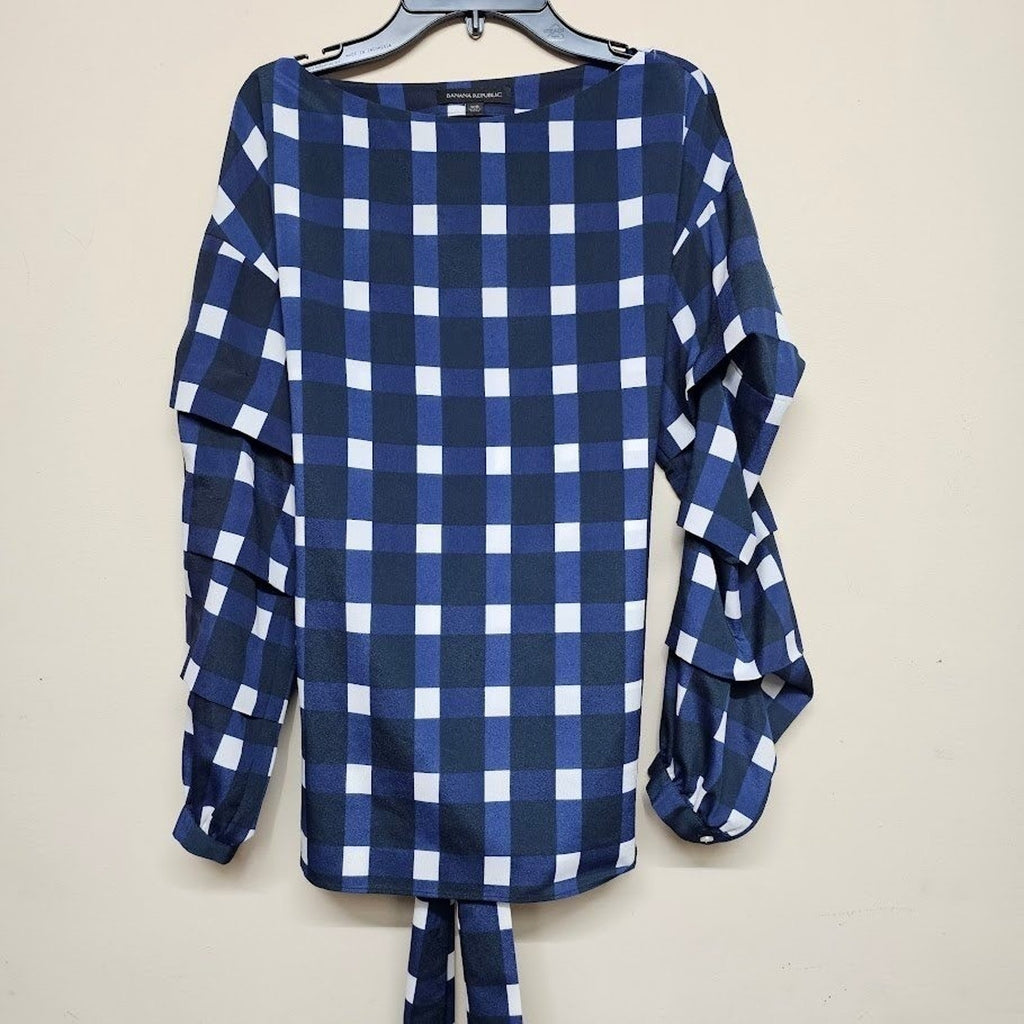 Banana Republic XS Ruffle Sleeve Navy Check Plaid Tie Back Blouse Top