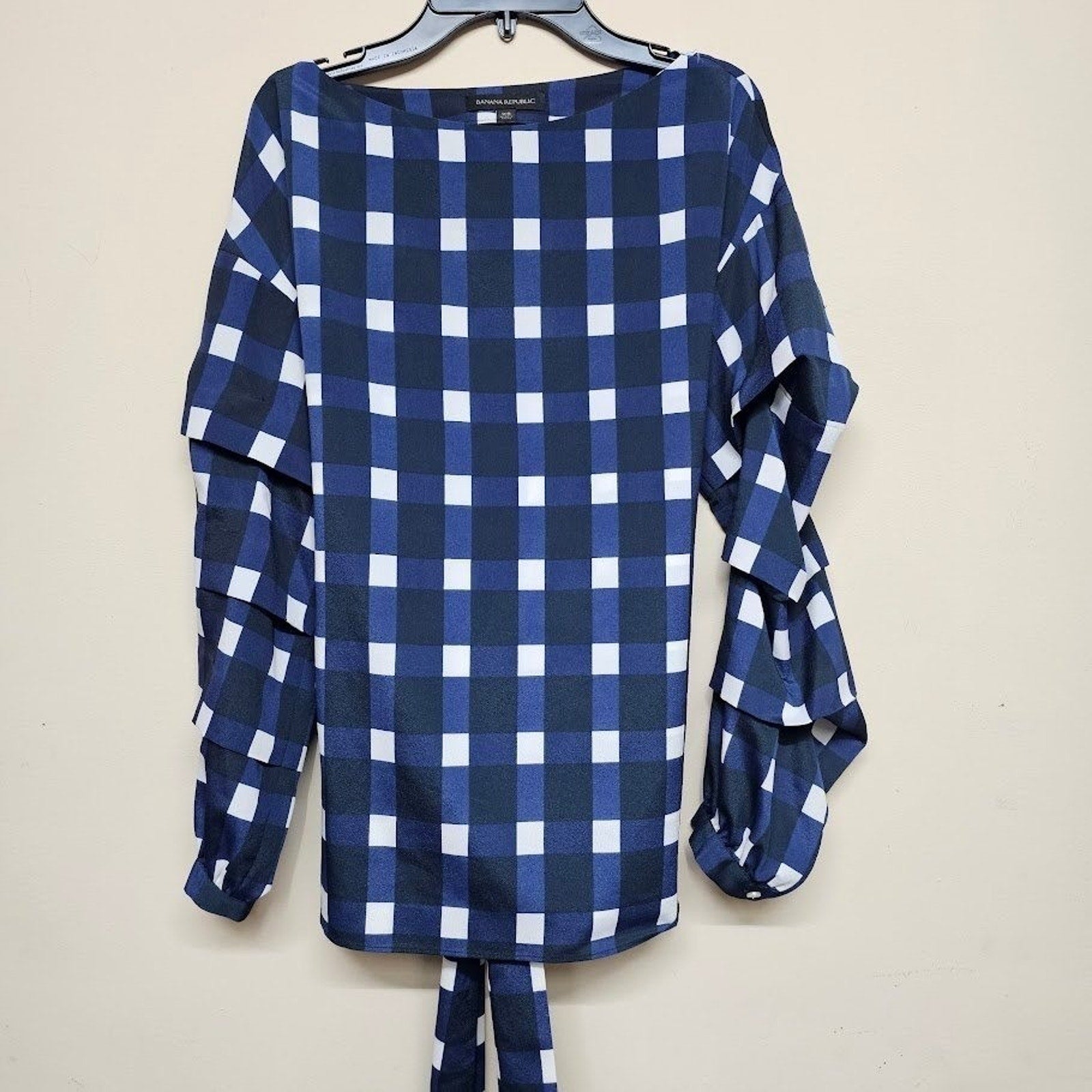 Banana Republic XS Ruffle Sleeve Navy Check Plaid Tie Back Blouse Top