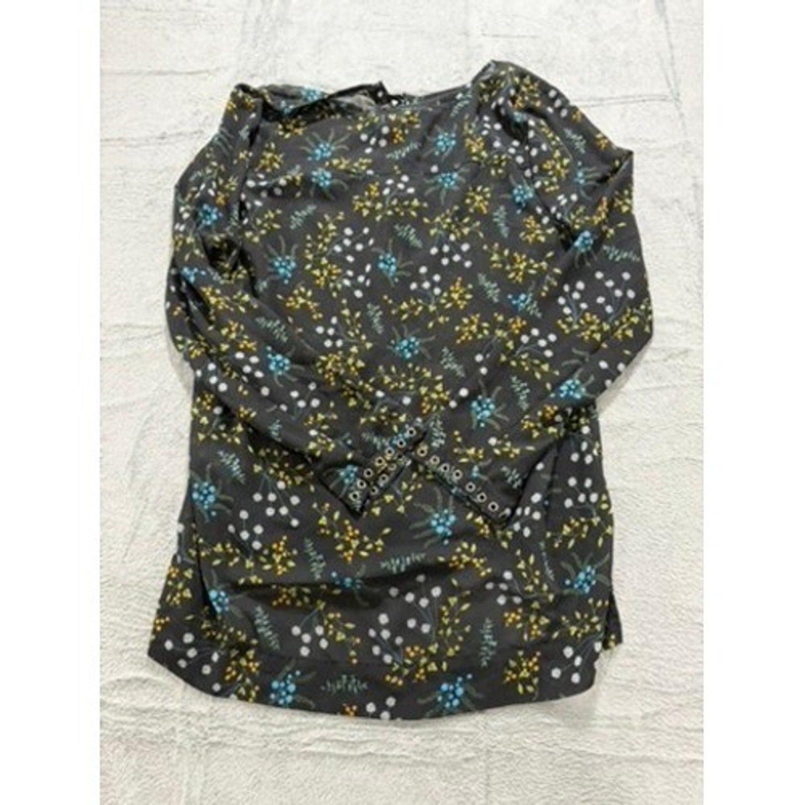 Ruff Hewn Grey Womens XL Black Floral Lace Up Grommet Long Sleeve Blouse Top