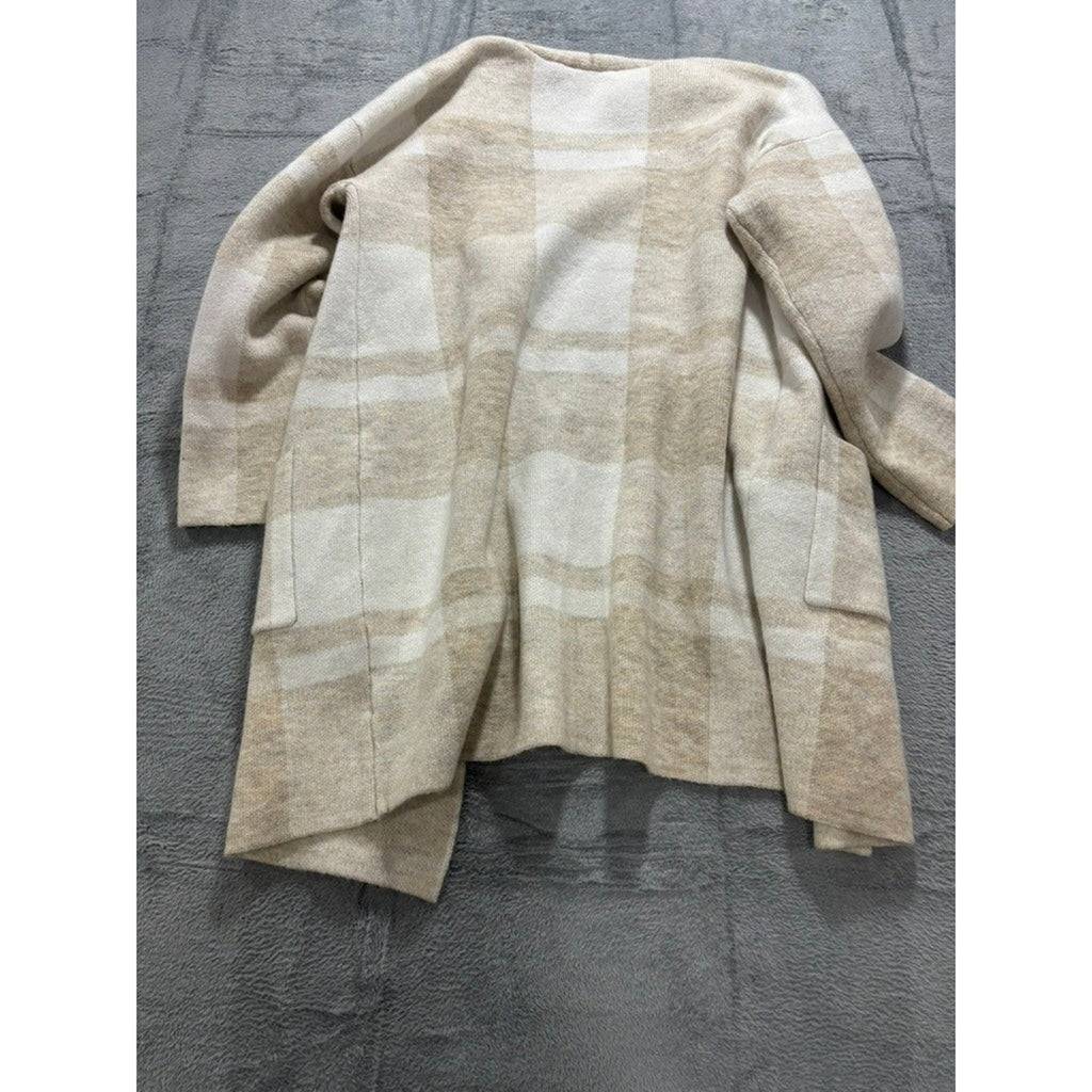 Time and Tru Womens Plaid Open Front Cardigan Sweater Oatmeal White L 12-14