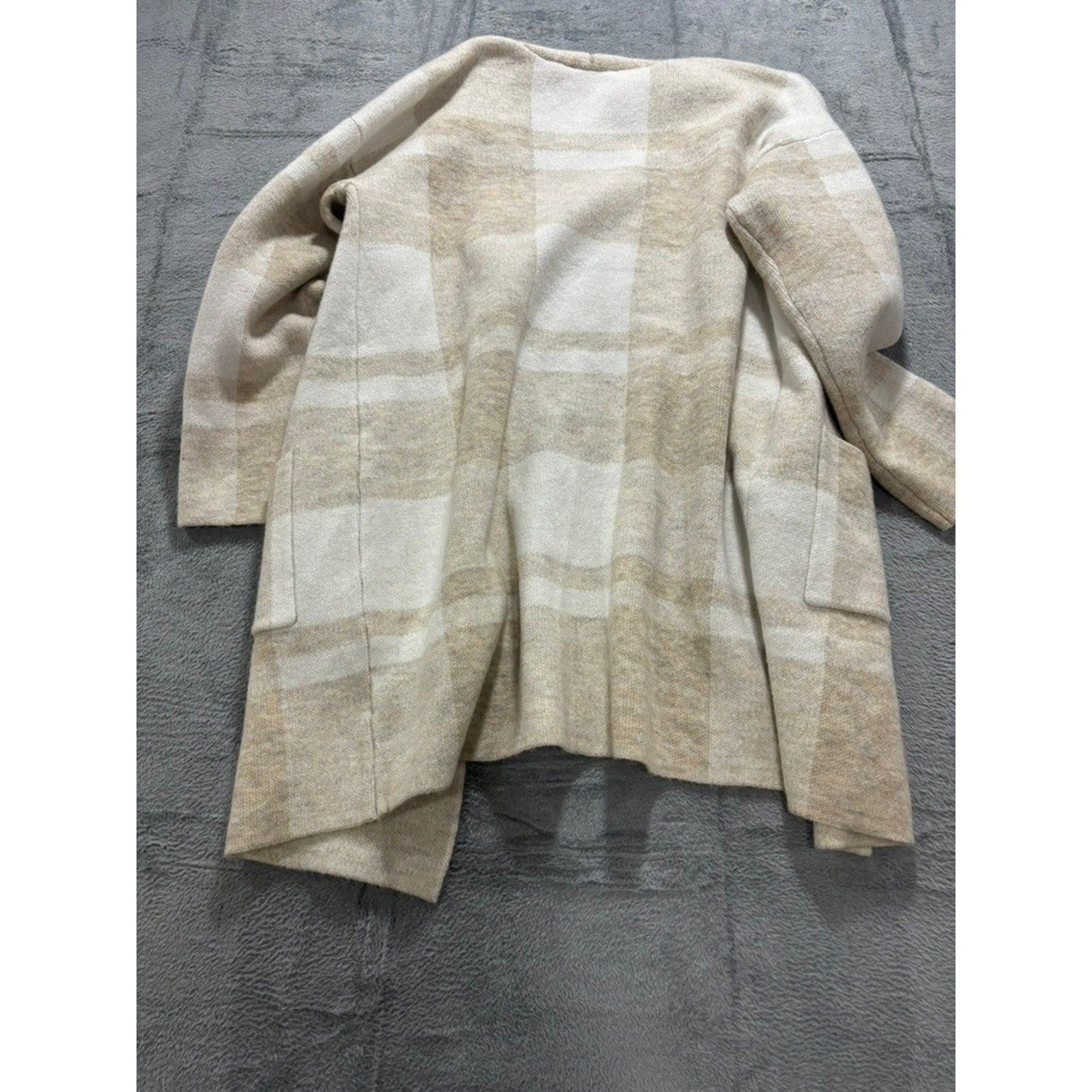 Time and Tru Womens Plaid Open Front Cardigan Sweater Oatmeal White L 12-14