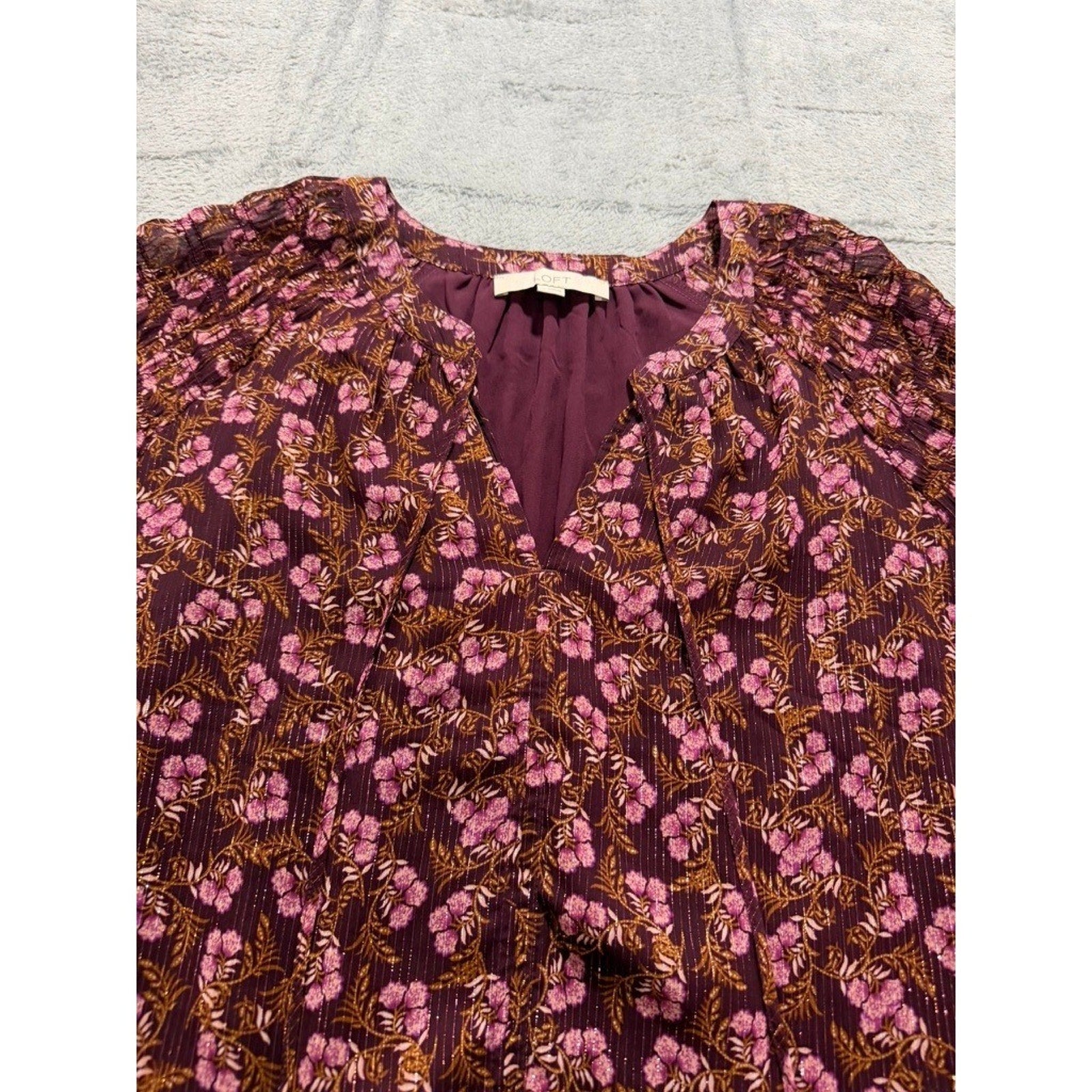 LOFT Womens XL Plum Floral Metallic Stripe Split Neck Balloon Sleeve Blouse